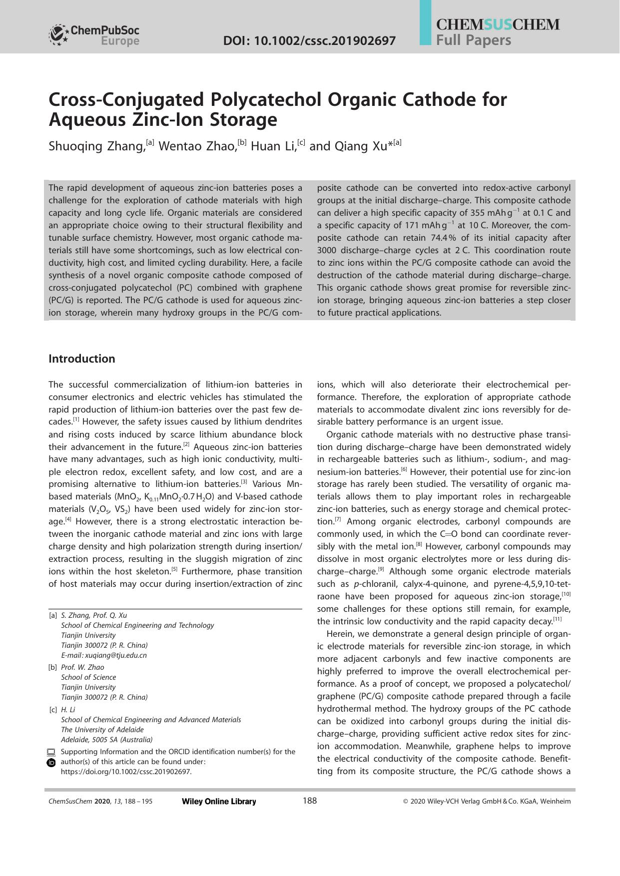 CrossâConjugated Polycatechol Organic Cathode for Aqueous ZincâIon Storage by Unknown
