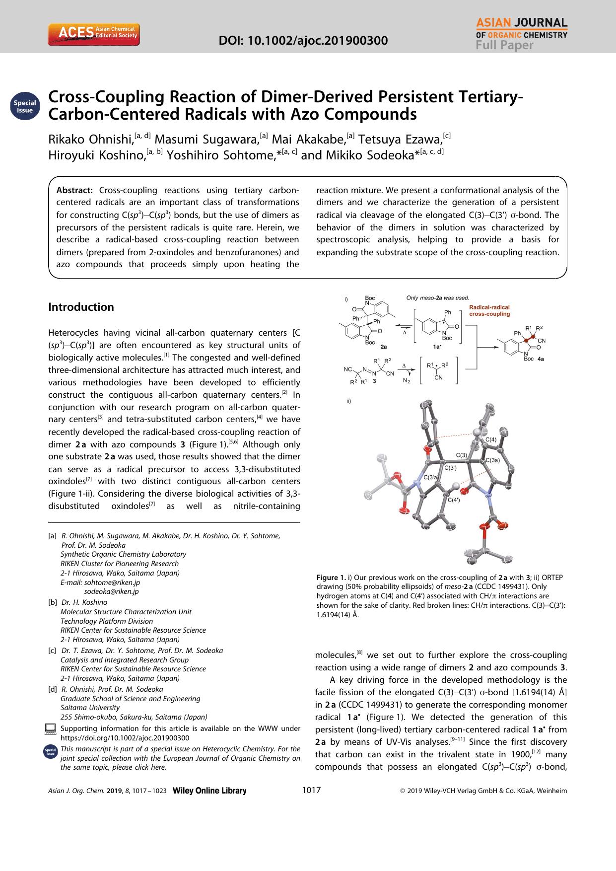 CrossâCoupling Reaction of DimerâDerived Persistent TertiaryâCarbonâCentered Radicals with Azo Compounds by Unknown