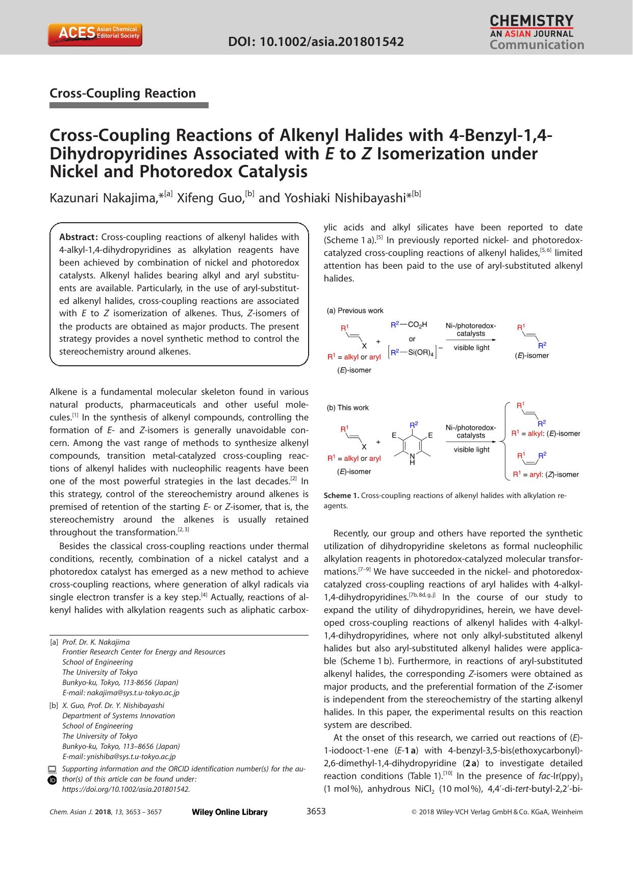 CrossâCoupling Reactions of Alkenyl Halides with 4âBenzylâ1,4â Dihydropyridines Associated with E to Z Isomerization under Nickel and Photoredox Catalysis by Unknown