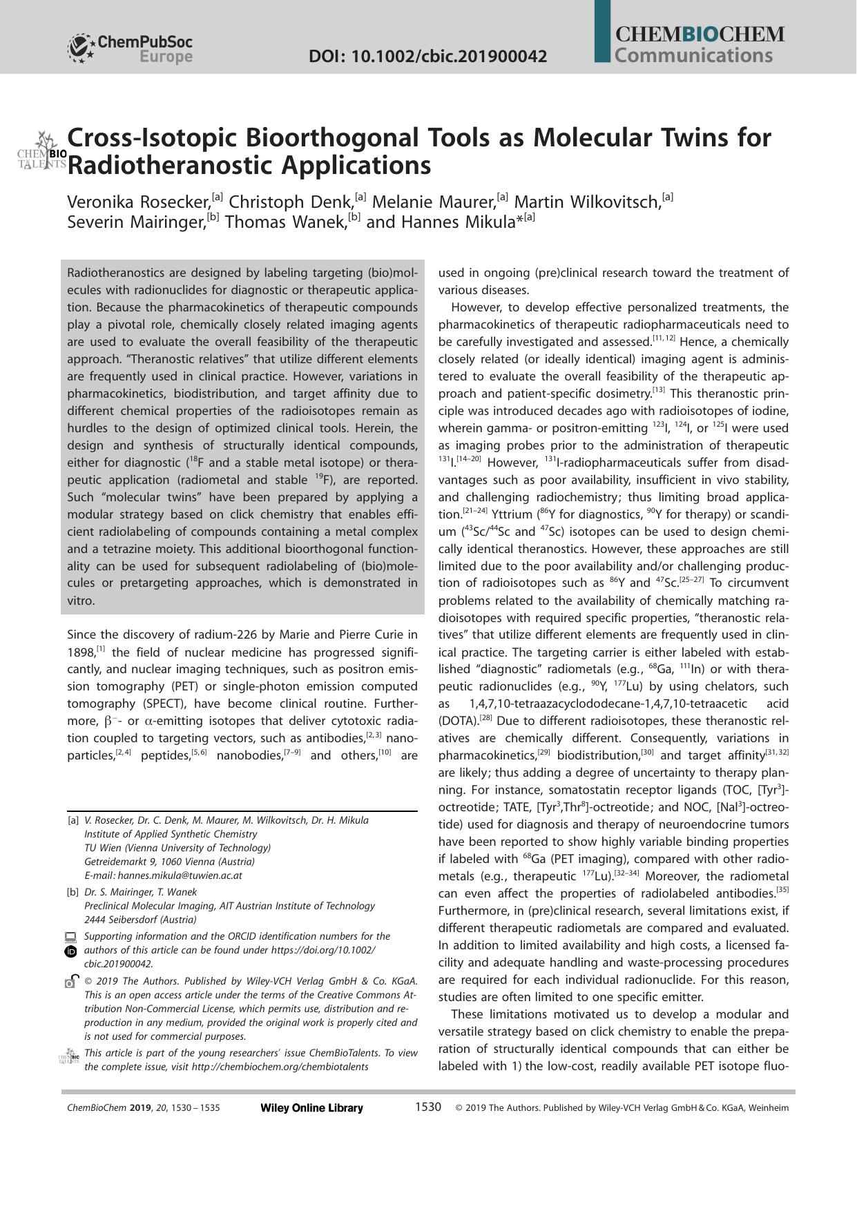 CrossâIsotopic Bioorthogonal Tools as Molecular Twins for Radiotheranostic Applications by Unknown