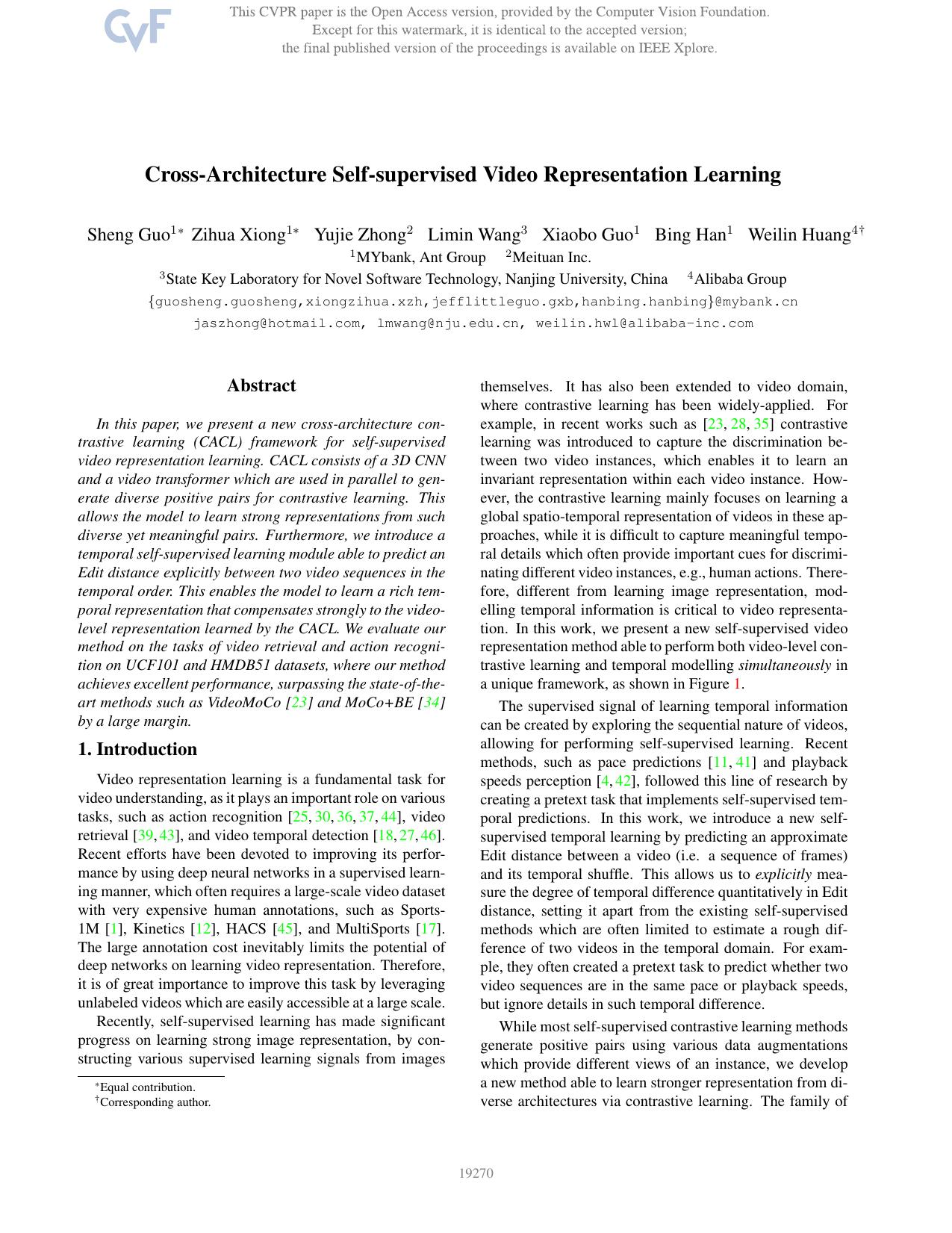 Cross-Architecture Self-Supervised Video Representation Learning by Sheng Guo & Zihua Xiong & Yujie Zhong & Limin Wang & Xiaobo Guo & Bing Han & Weilin Huang
