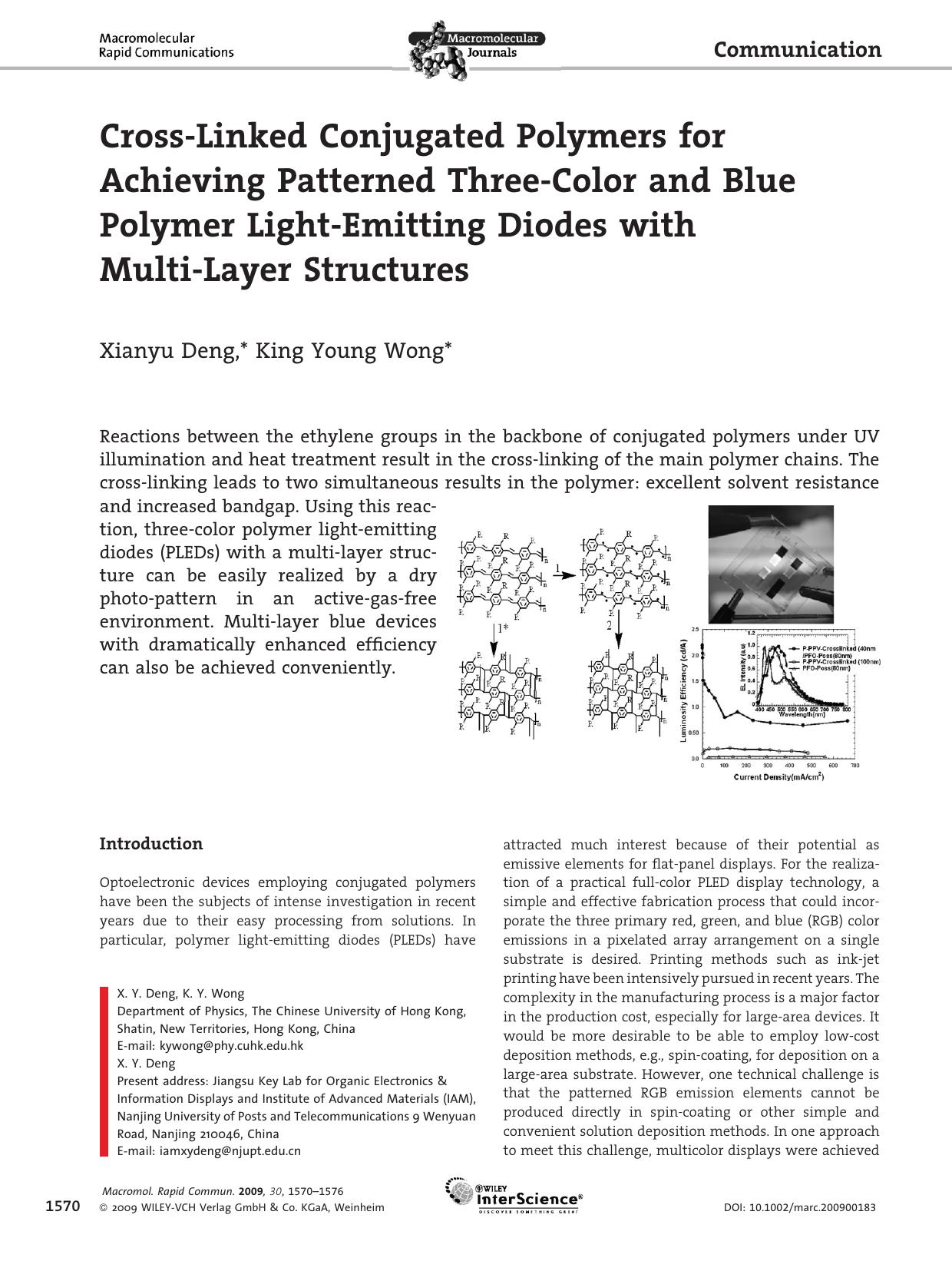 Cross-Linked Conjugated Polymers for Achieving Patterned Three-Color and Blue Polymer Light-Emitting Diodes with Multi-Layer Structures by Unknown