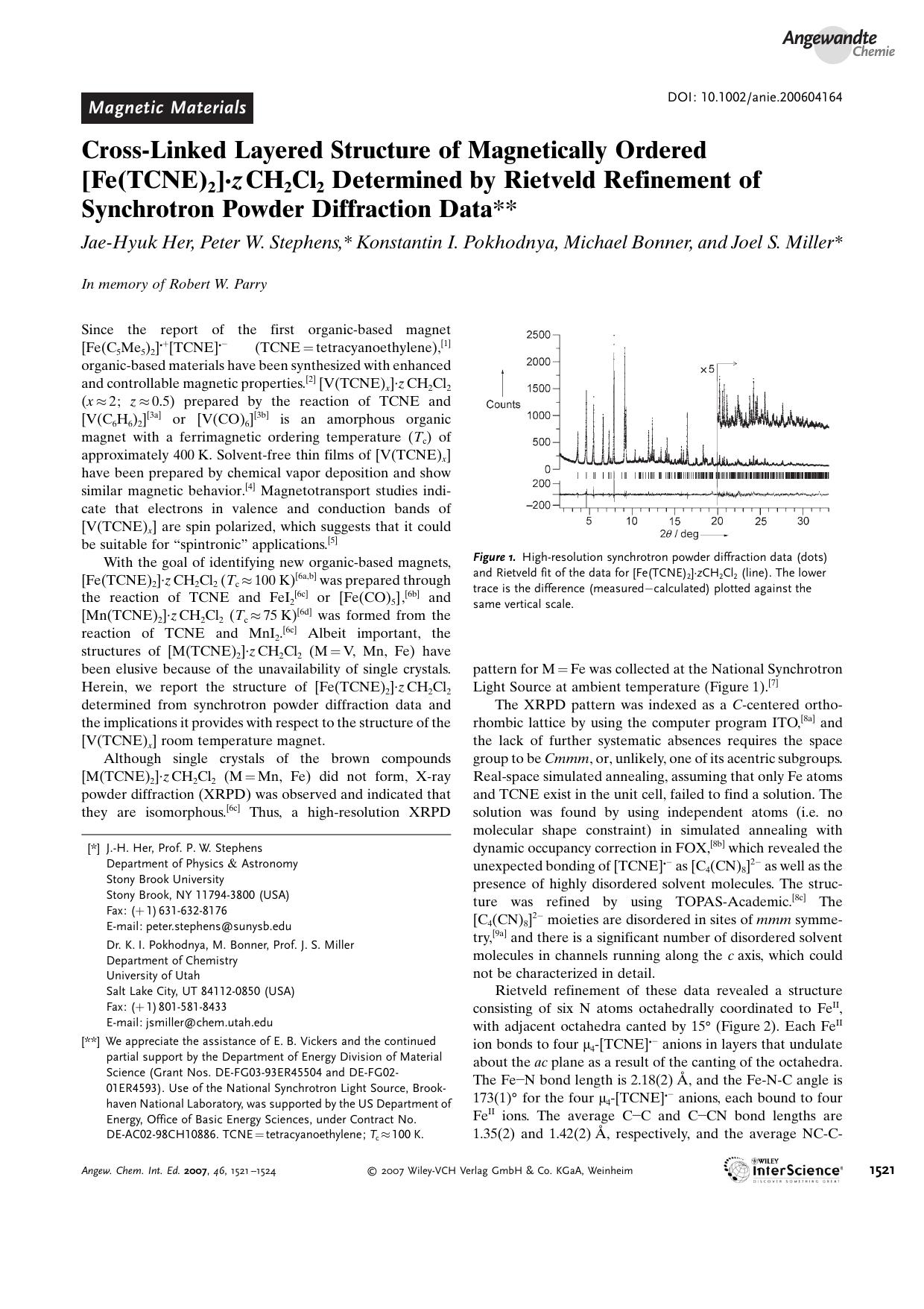 Cross-Linked Layered Structure of Magnetically Ordered [Fe(TCNE)2][sdot]z[thinsp]CH2Cl2 Determined by Rietveld Refinement of Synchrotron Powder Diffraction Data by Unknown