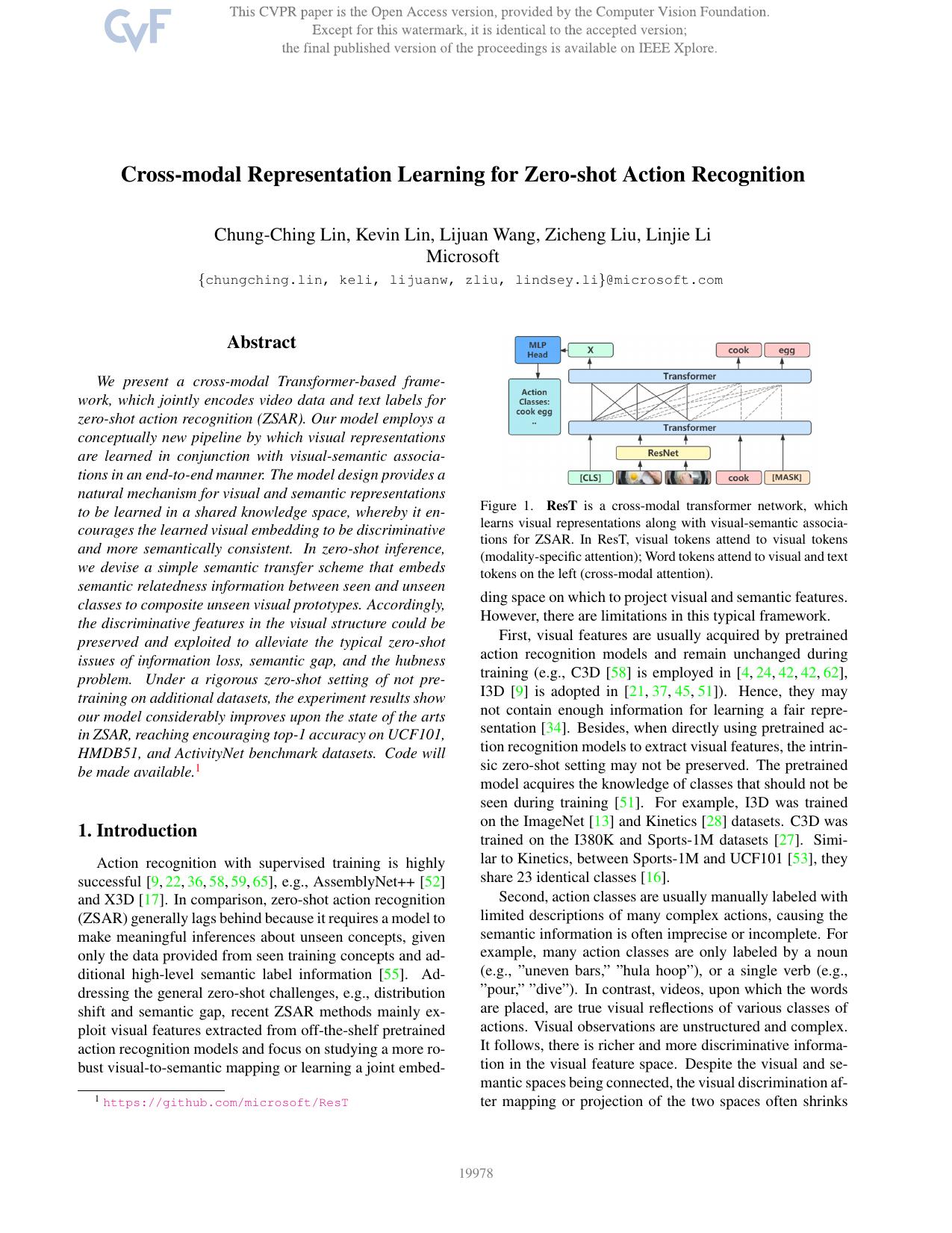 Cross-Modal Representation Learning for Zero-Shot Action Recognition by Chung-Ching Lin & Kevin Lin & Lijuan Wang & Zicheng Liu & Linjie Li