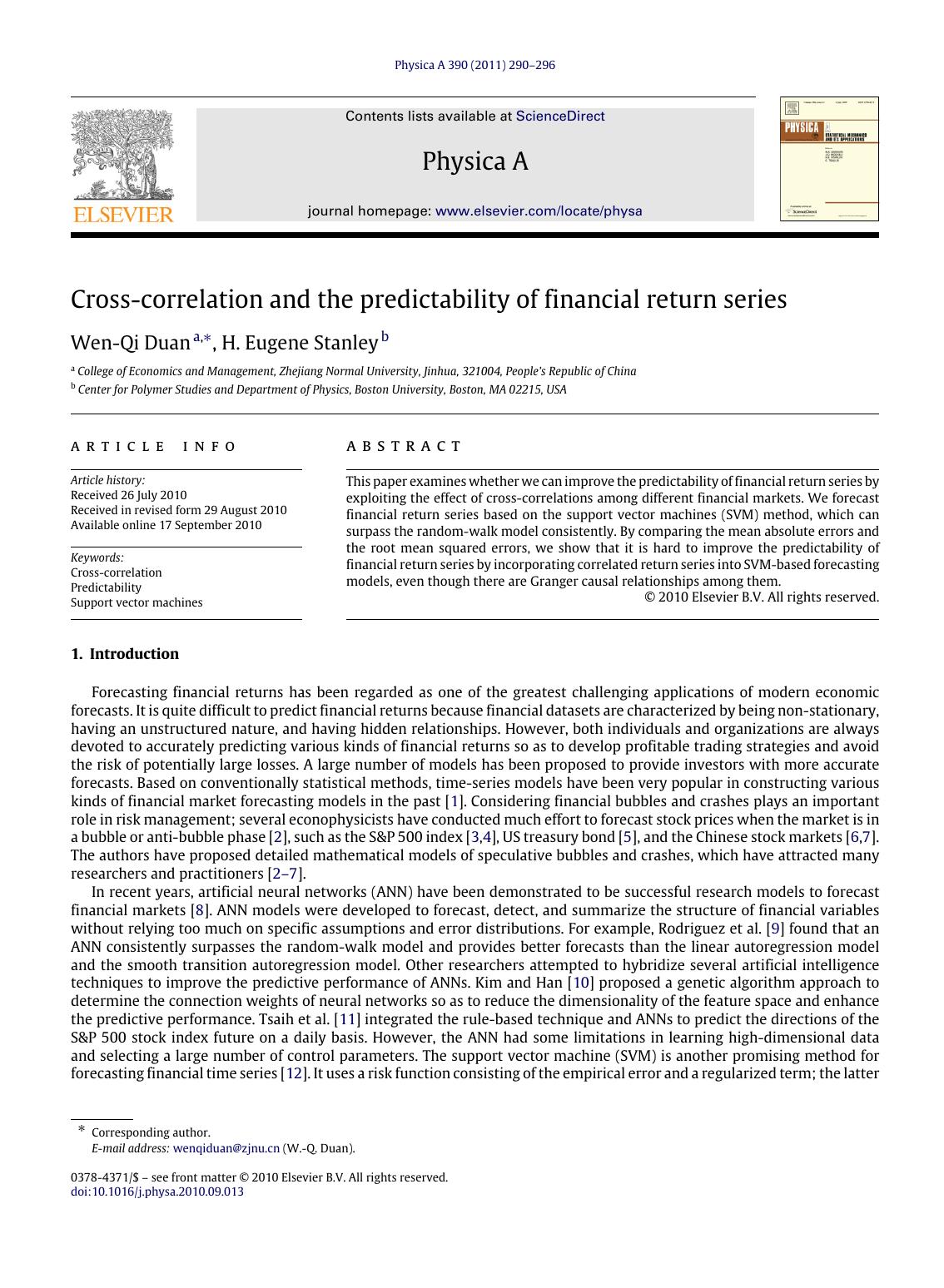 Cross-correlation and the predictability of financial return series by Wen-Qi Duan & H. Eugene Stanley