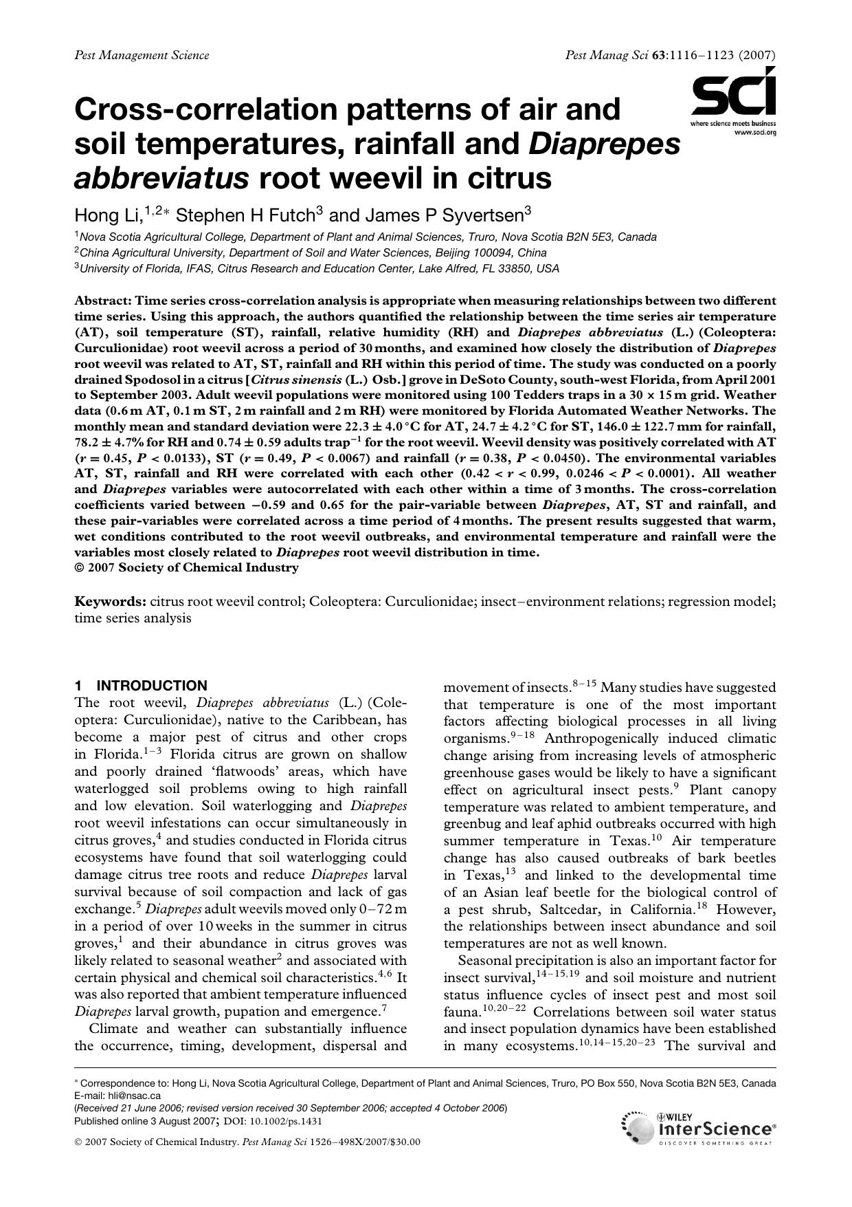 Cross-correlation patterns of air and soil temperatures, rainfall and Diaprepes abbreviatus root weevil in citrus by Unknown