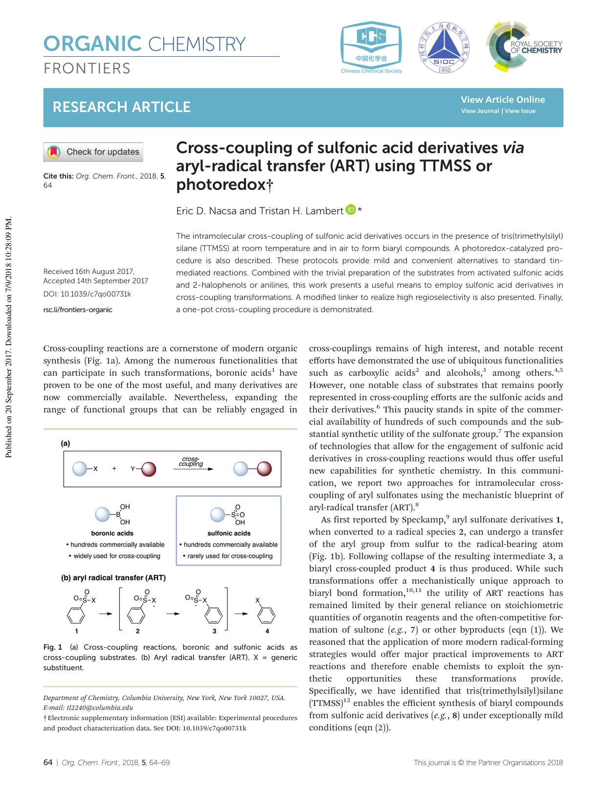 Cross-coupling of sulfonic acid derivatives via aryl-radical transfer (ART) using TTMSS or photoredox by Eric D. Nacsa Tristan H. Lambert