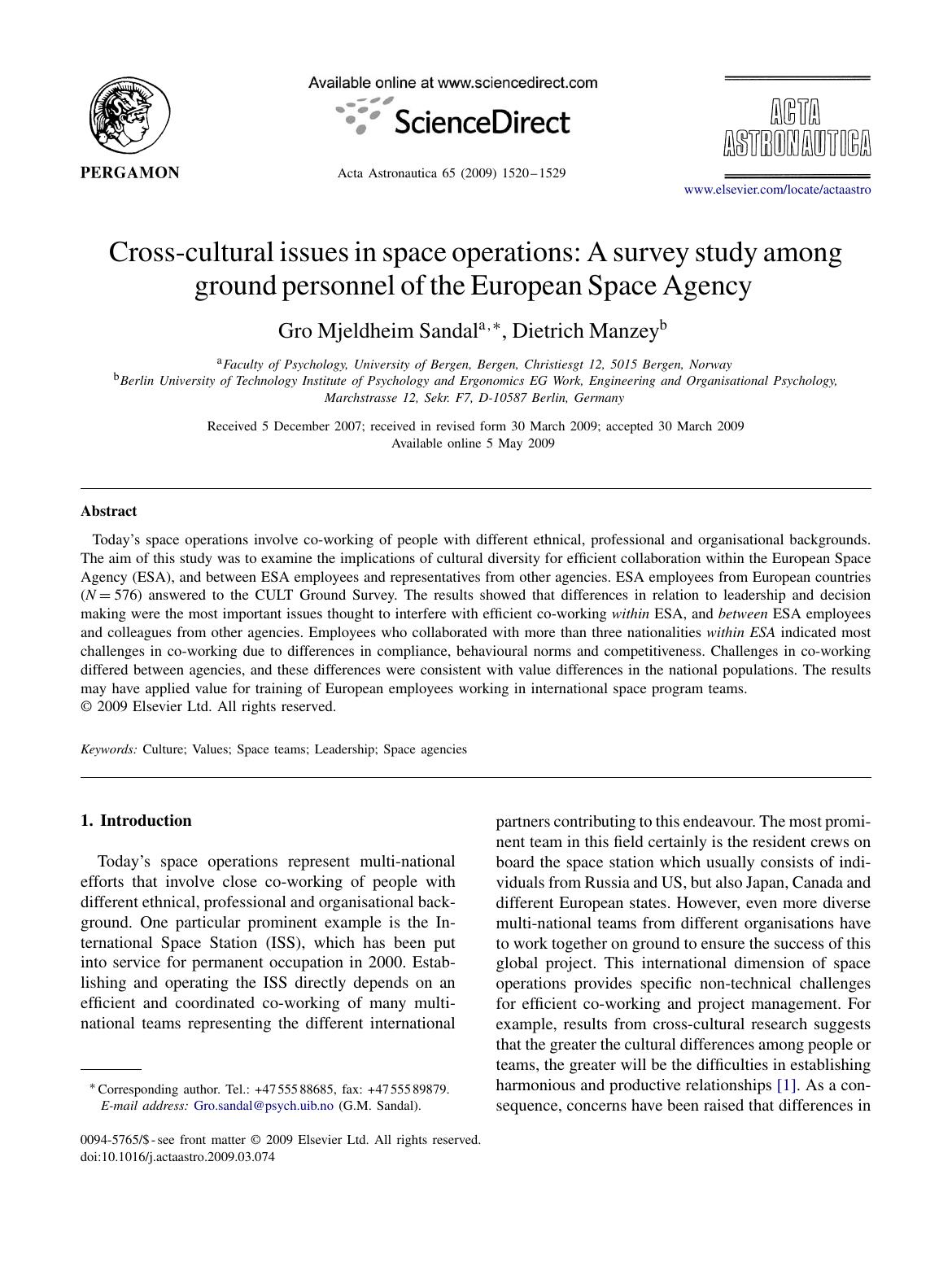 Cross-cultural issues in space operations A survey study among ground personnel of the European Space Agency by Gro Mjeldheim Sandal; Dietrich Manzey