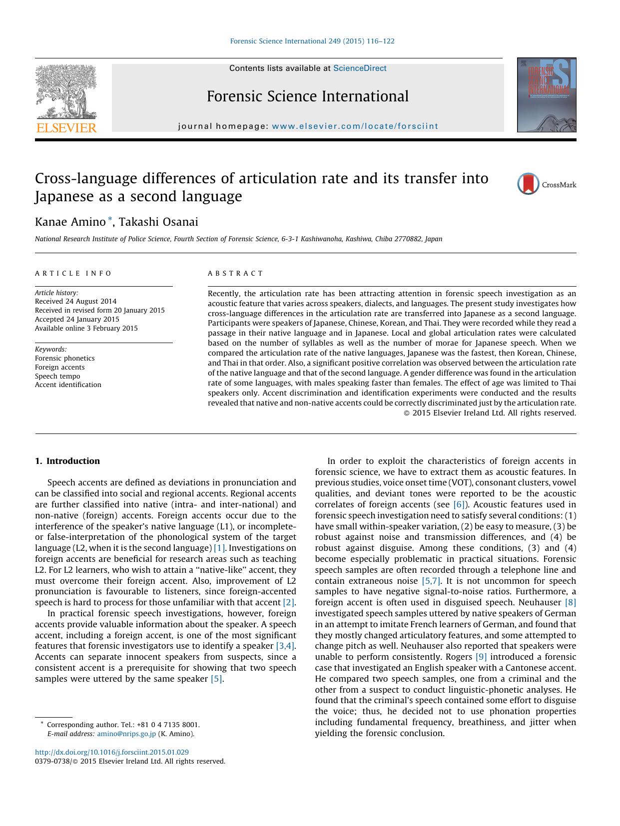 Cross-language differences of articulation rate and its transfer into Japanese as a second language by Kanae Amino & Takashi Osanai