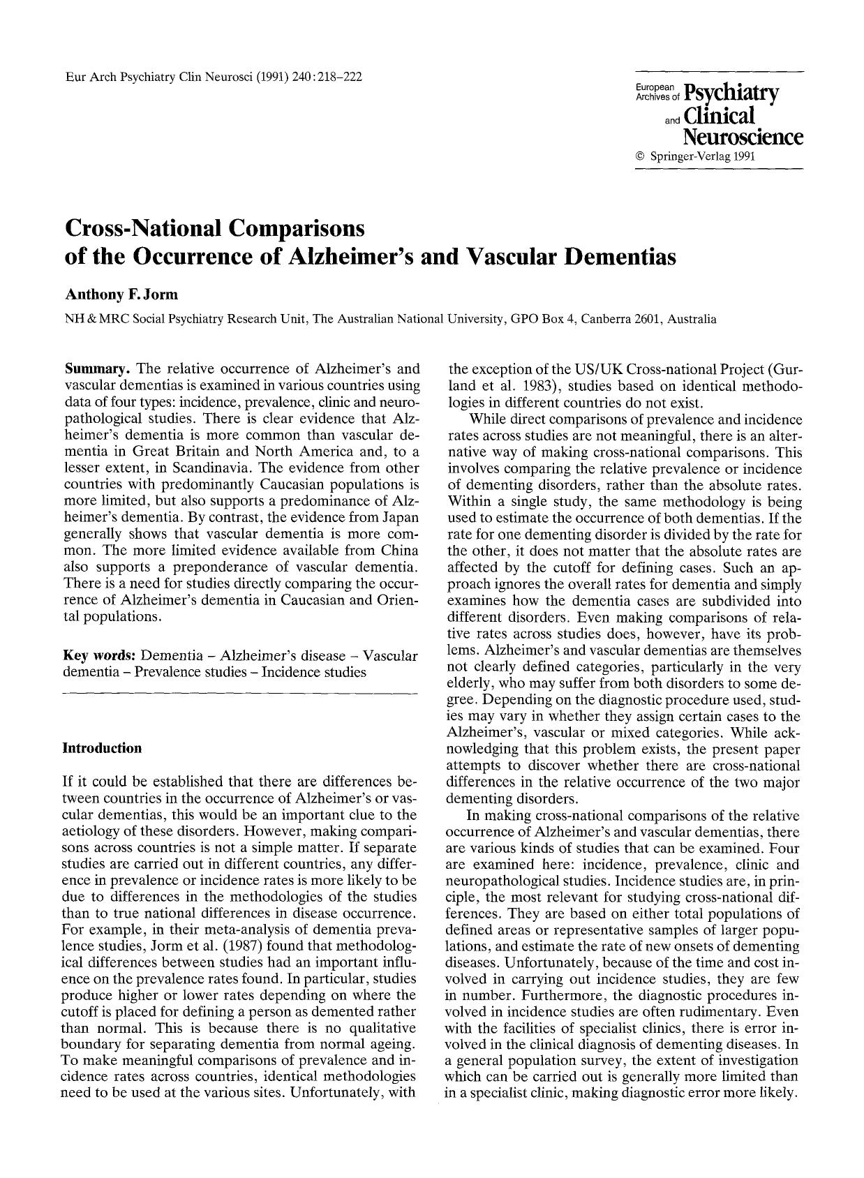 Cross-national comparisons of the occurrence of Alzheimer's and vascular dementias by Unknown