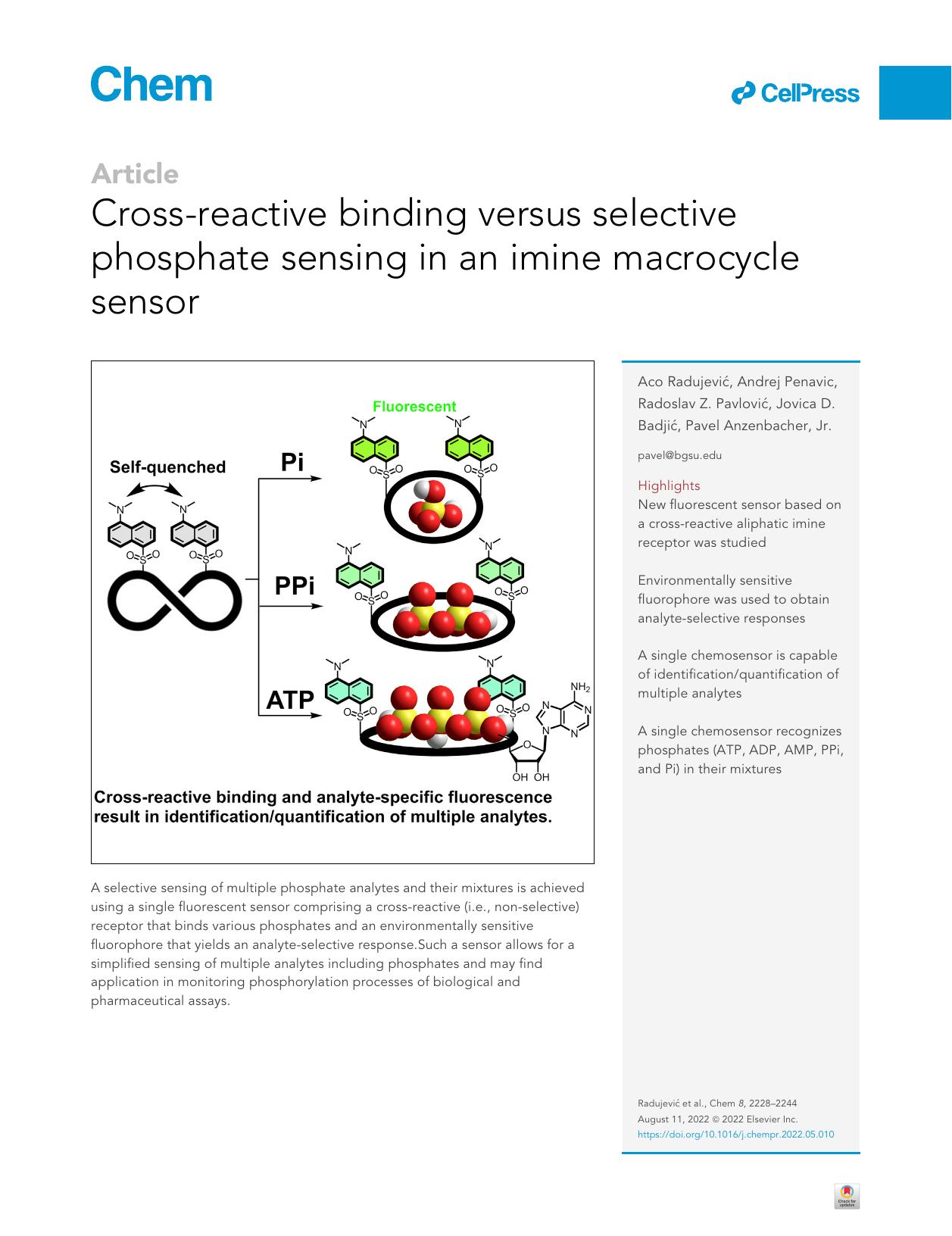 Cross-reactive binding versus selective phosphate sensing in an imine macrocycle sensor by Aco Radujević & Andrej Penavic & Radoslav Z. Pavlović & Jovica D. Badjić & Pavel Anzenbacher Jr