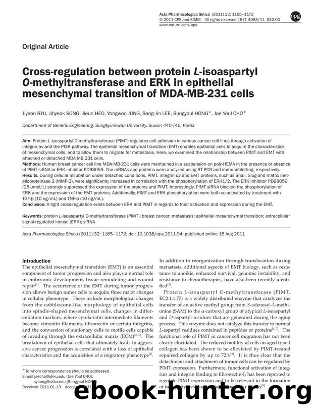 Cross-regulation between protein L-isoaspartyl O-methyltransferase and ERK in epithelial mesenchymal transition of MDA-MB-231 cells by Jiyeon Ryu & Jihyeok Song & Jieun Heo & Yongwoo Jung & Sang-Jin Lee & Sungyoul Hong & Jae Youl Cho