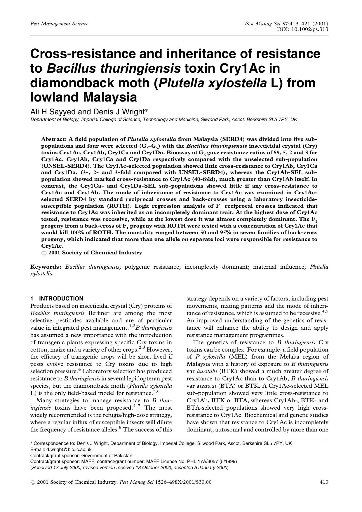 Cross-resistance and inheritance of resistance to Bacillus thuringiensis toxin Cry1Ac in diamondback moth (Plutella xylostella L) from lowland Malaysia by Unknown