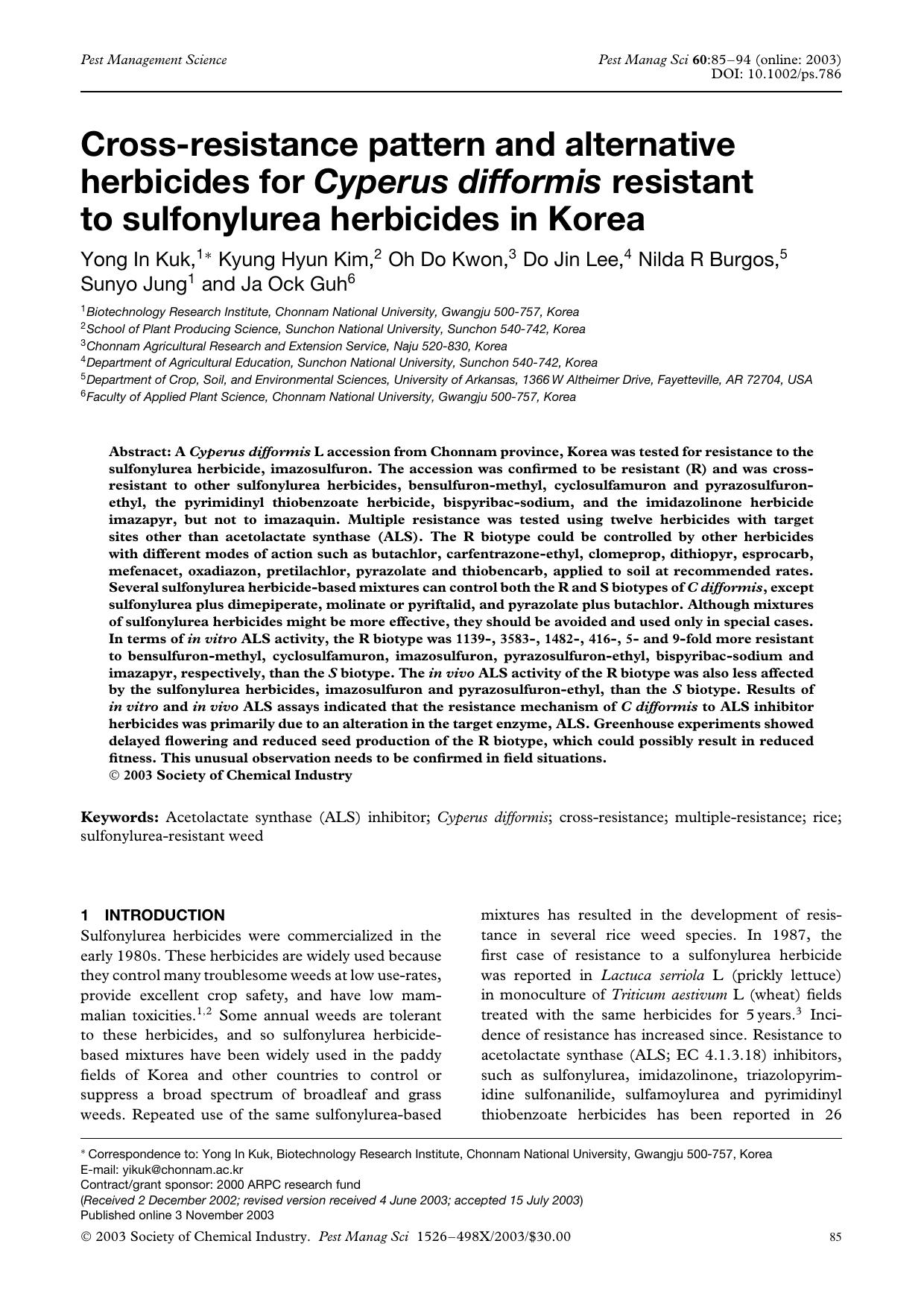 Cross-resistance pattern and alternative herbicides for Cyperus difformis resistant to sulfonylurea herbicides in Korea by Unknown