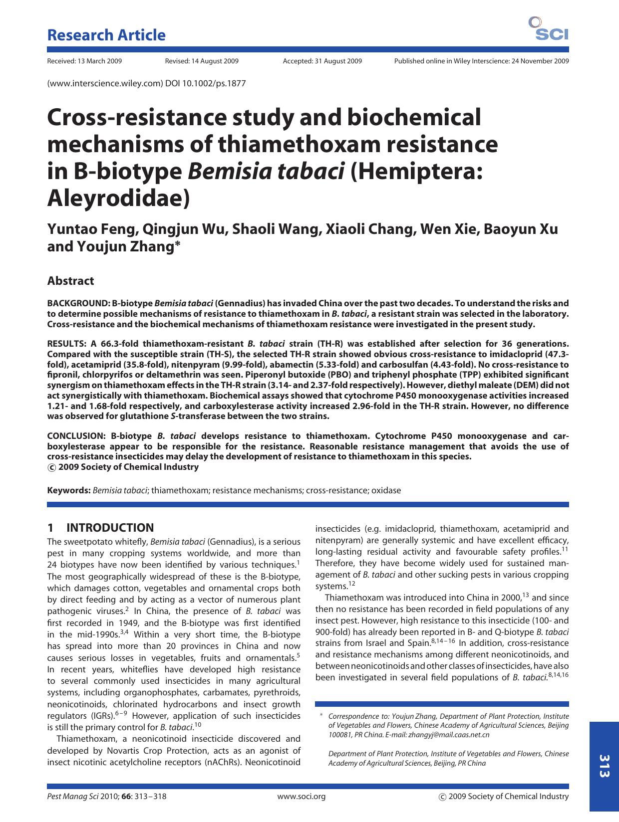 Cross-resistance study and biochemical mechanisms of thiamethoxam resistance in B-biotype Bemisia tabaci (Hemiptera: Aleyrodidae) by Unknown