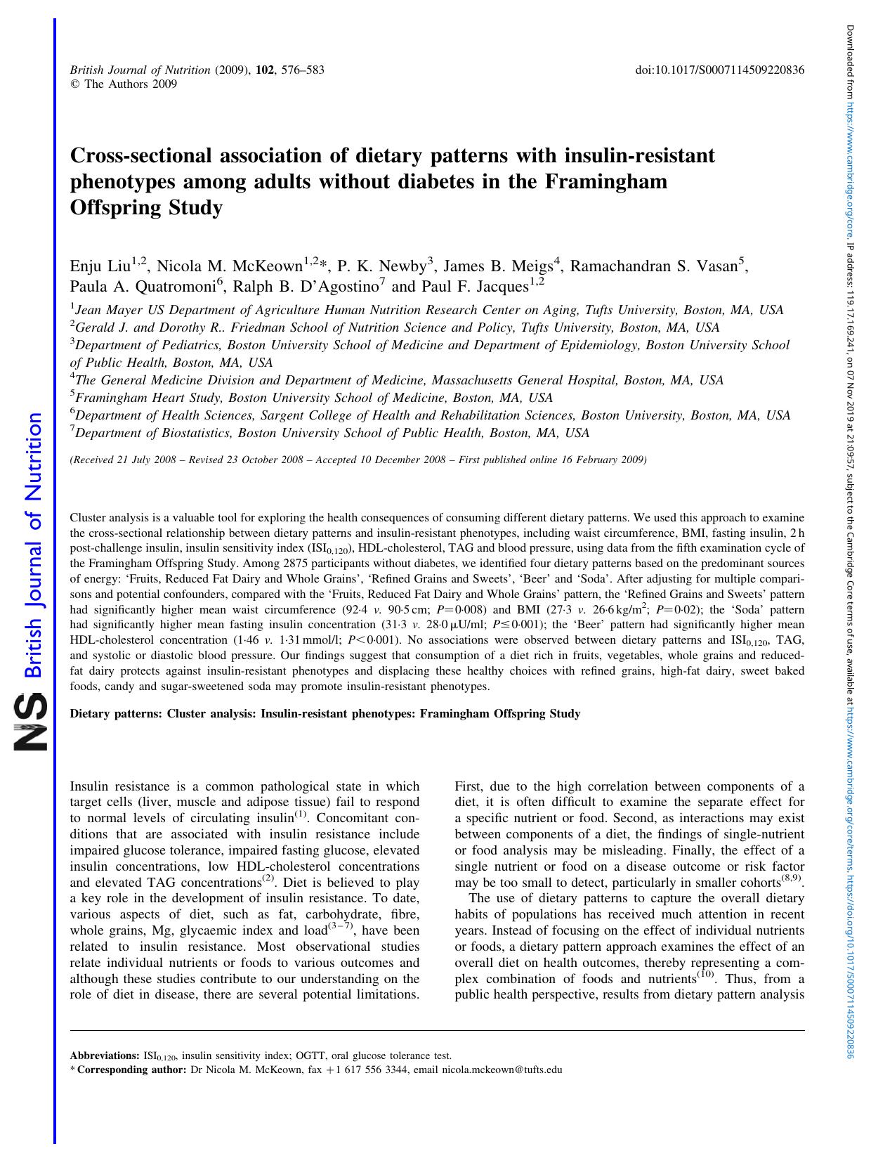 Cross-sectional association of dietary patterns with insulin-resistant phenotypes among adults without diabetes in the Framingham Offspring Study by unknow