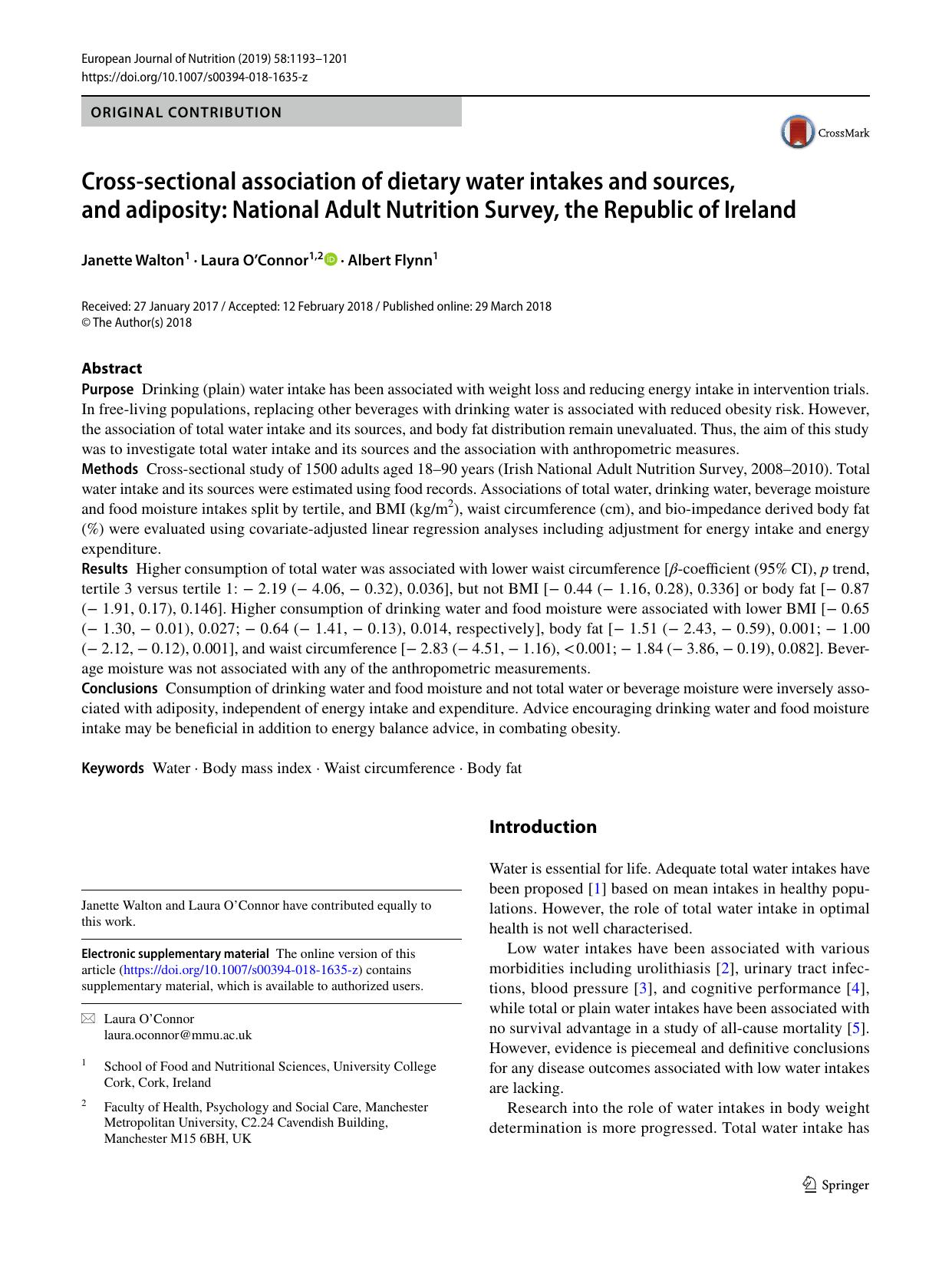 Cross-sectional association of dietary water intakes and sources, and adiposity: National Adult Nutrition Survey, the Republic of Ireland by Janette Walton