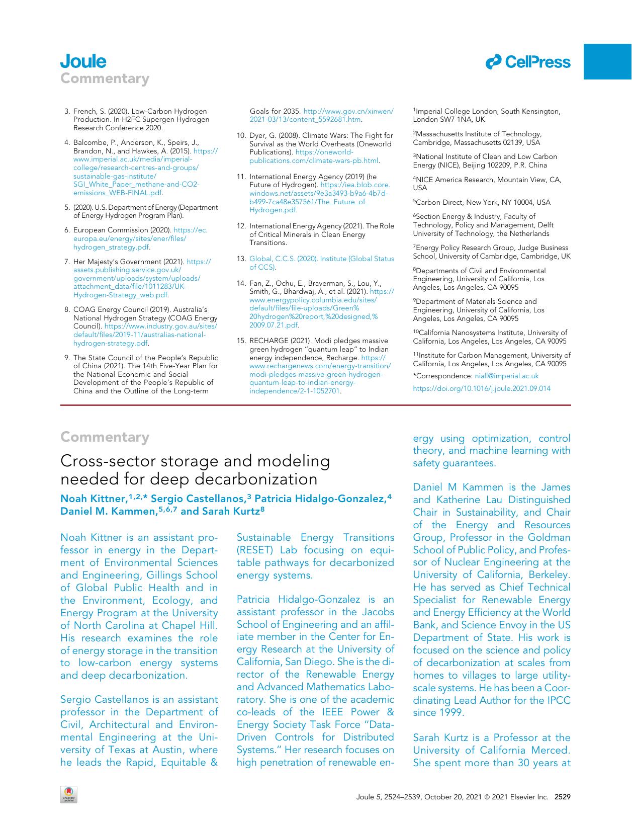 Cross-sector storage and modeling needed for deep decarbonization by Noah Kittner & Sergio Castellanos & Patricia Hidalgo-Gonzalez & Daniel M. Kammen & Sarah Kurtz