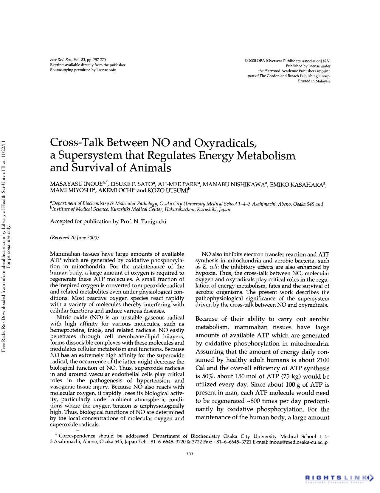 Cross-talk between NO and oxyradicals, a supersystem that regulates energy metabolism and survival of animals by unknow