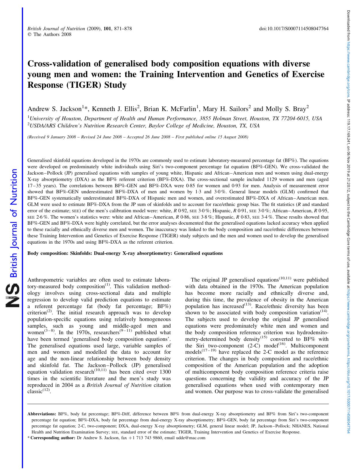 Cross-validation of generalised body composition equations with diverse young men and women: the Training Intervention and Genetics of Exercise Response (TIGER) Study by Andrew S. Jackson Kenneth J. Ellis Brian K. McFarlin Mary H. Sailors Molly S. Bray