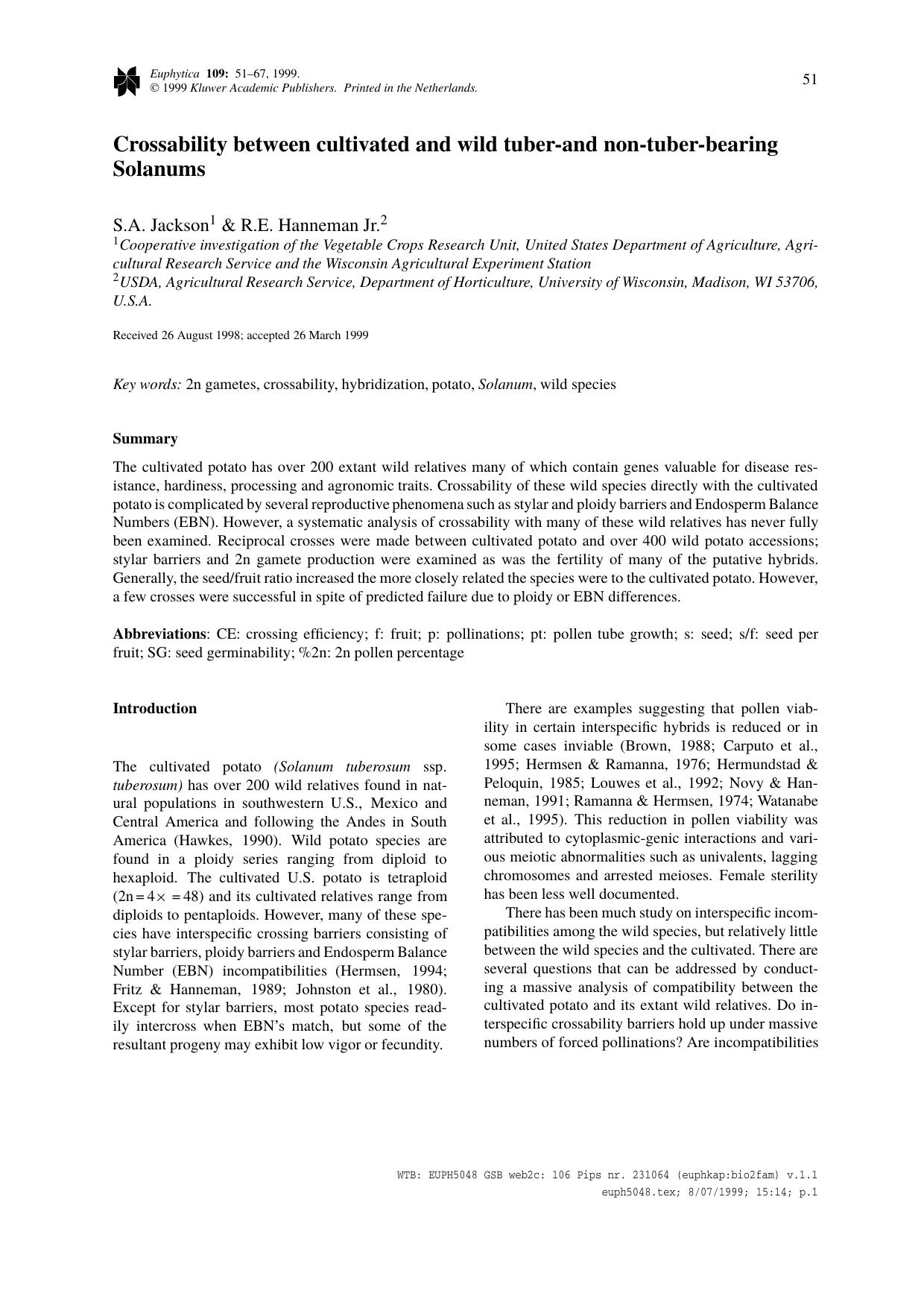 Crossability between cultivated and wild tuber-and non-tuber-bearing Solanums by Unknown