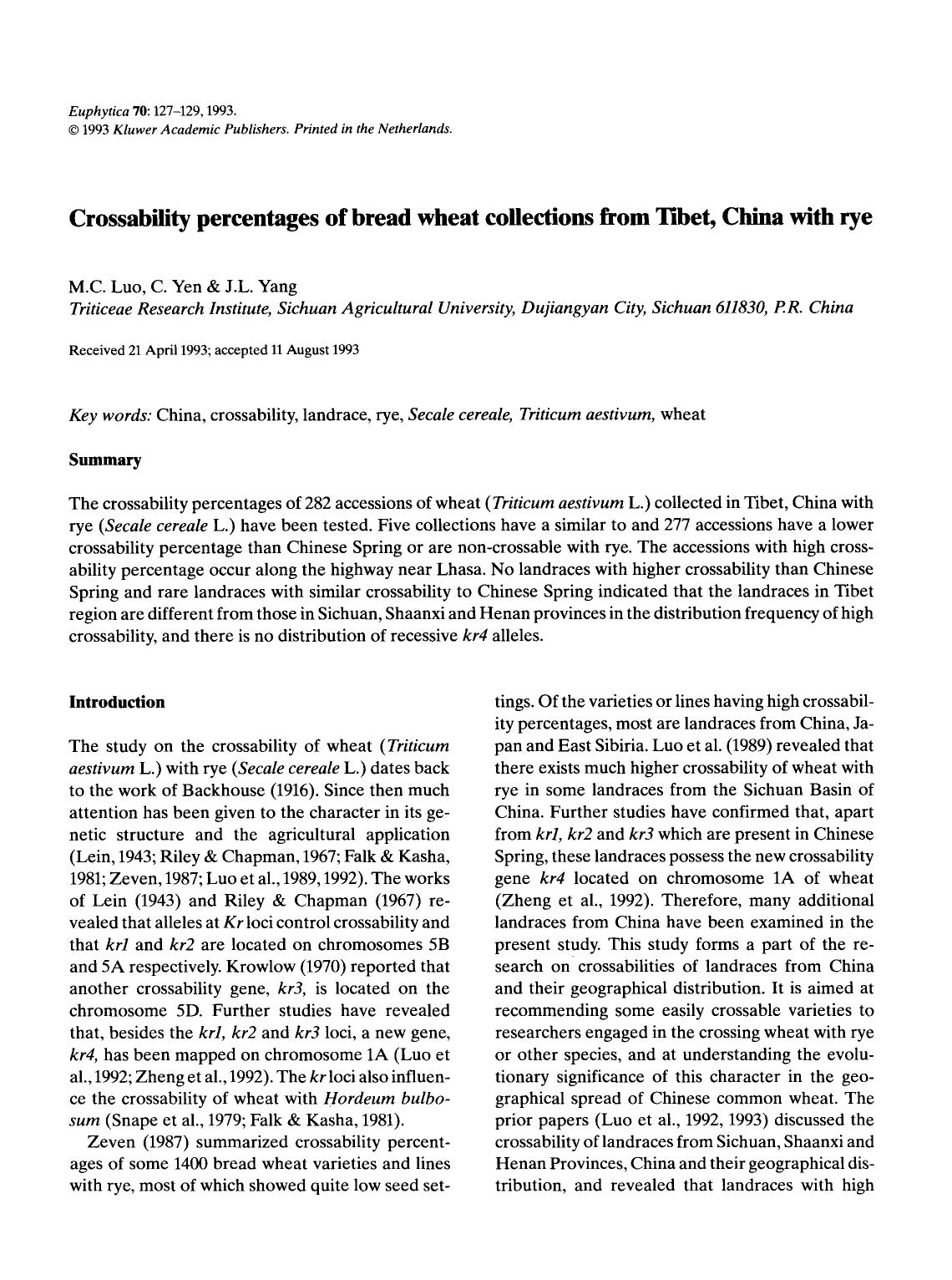 Crossability percentages of bread wheat collections from Tibet, China with rye by Unknown