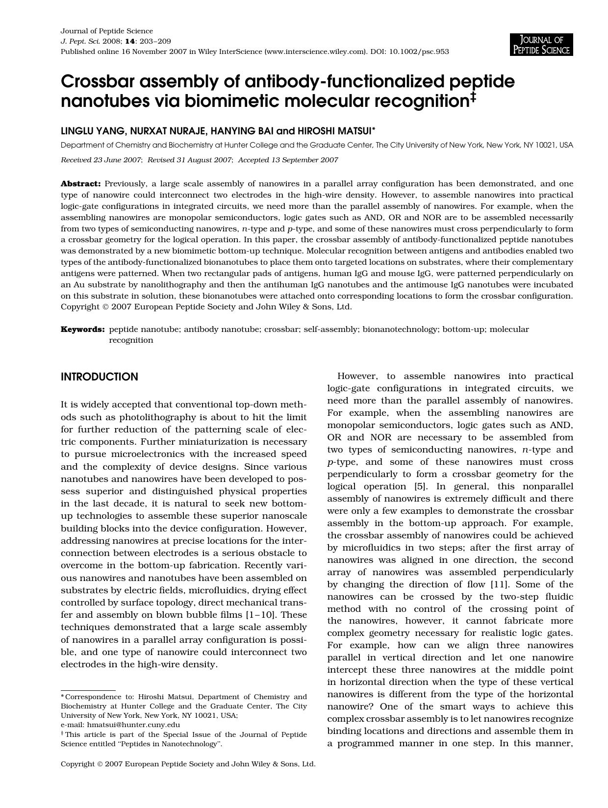 Crossbar assembly of antibody-functionalized peptide nanotubes via biomimetic molecular recognition by Unknown