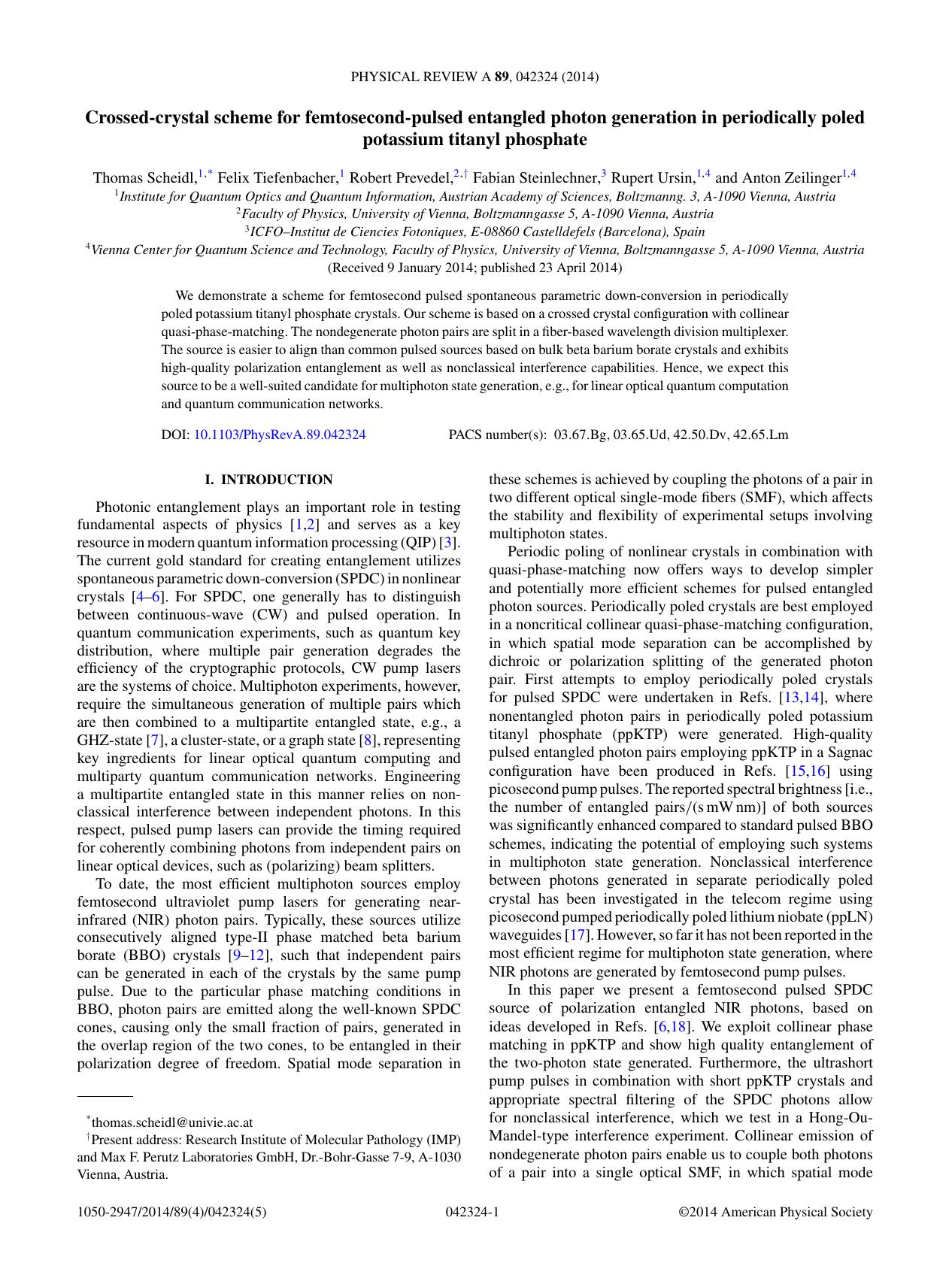 Crossed-crystal scheme for femtosecond-pulsed entangled photon generation... (2014) by Unknown