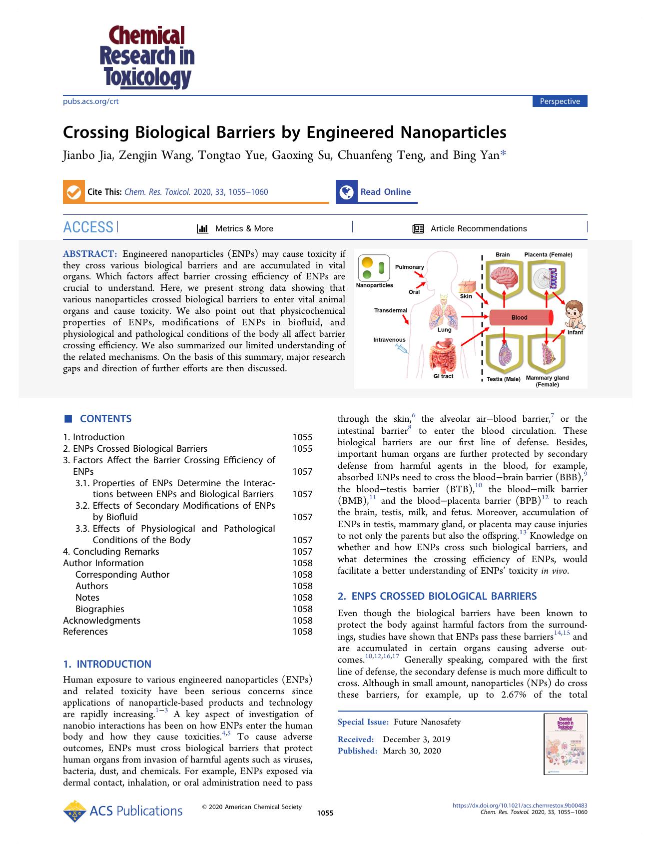 Crossing Biological Barriers by Engineered Nanoparticles by Jianbo Jia Zengjin Wang Tongtao Yue Gaoxing Su Chuanfeng Teng and Bing Yan