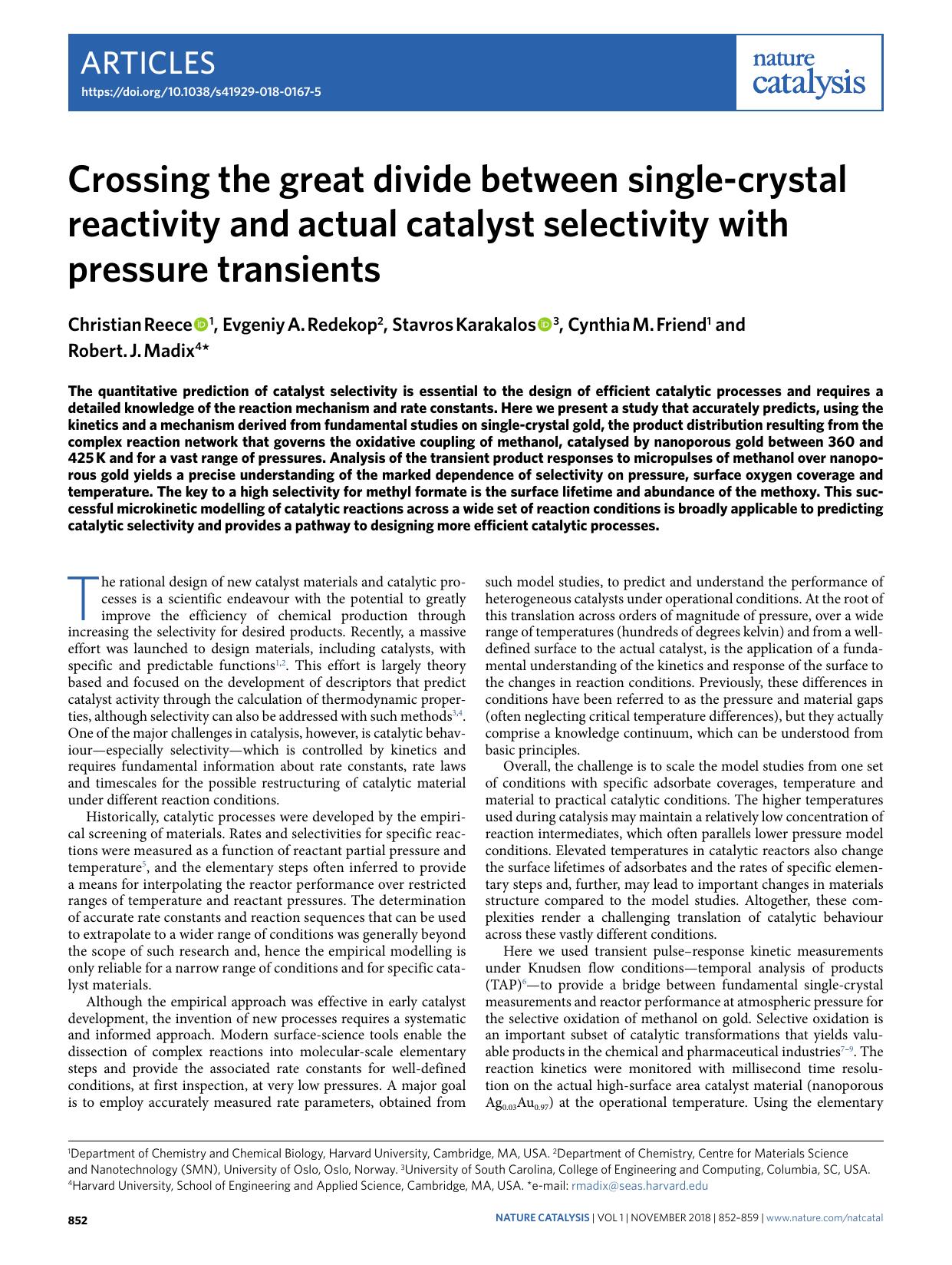 Crossing the great divide between single-crystal reactivity and actual catalyst selectivity with pressure transients by Christian Reece & Evgeniy A. Redekop & Stavros Karakalos & Cynthia M. Friend & Robert. J. Madix