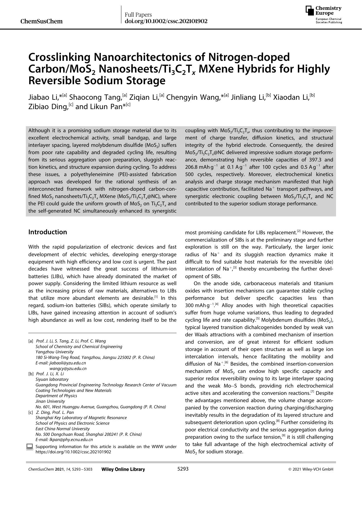 Crosslinking Nanoarchitectonics of Nitrogenâdoped CarbonMoS2 NanosheetsTi3C2Tx MXene Hybrids for Highly Reversible Sodium Storage by Unknown