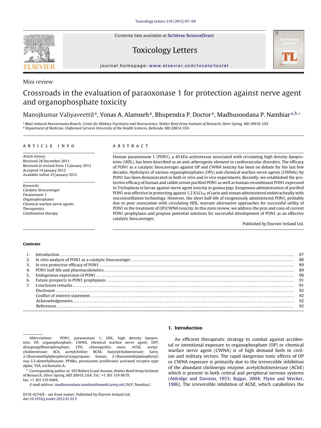 Crossroads in the evaluation of paraoxonase 1 for protection against nerve agent and organophosphate toxicity by Manojkumar Valiyaveettil