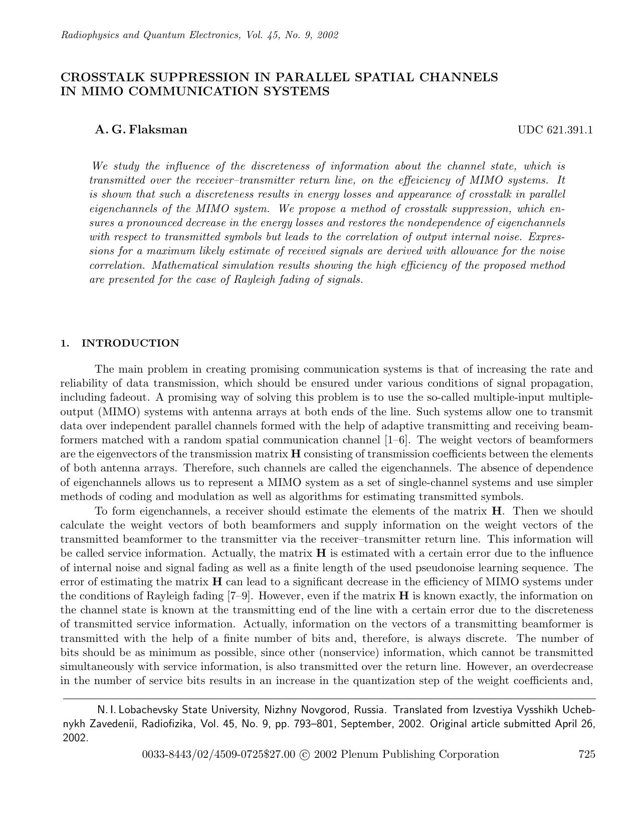 Crosstalk Suppression in Parallel Spatial Channels in MIMO Communication Systems by Unknown