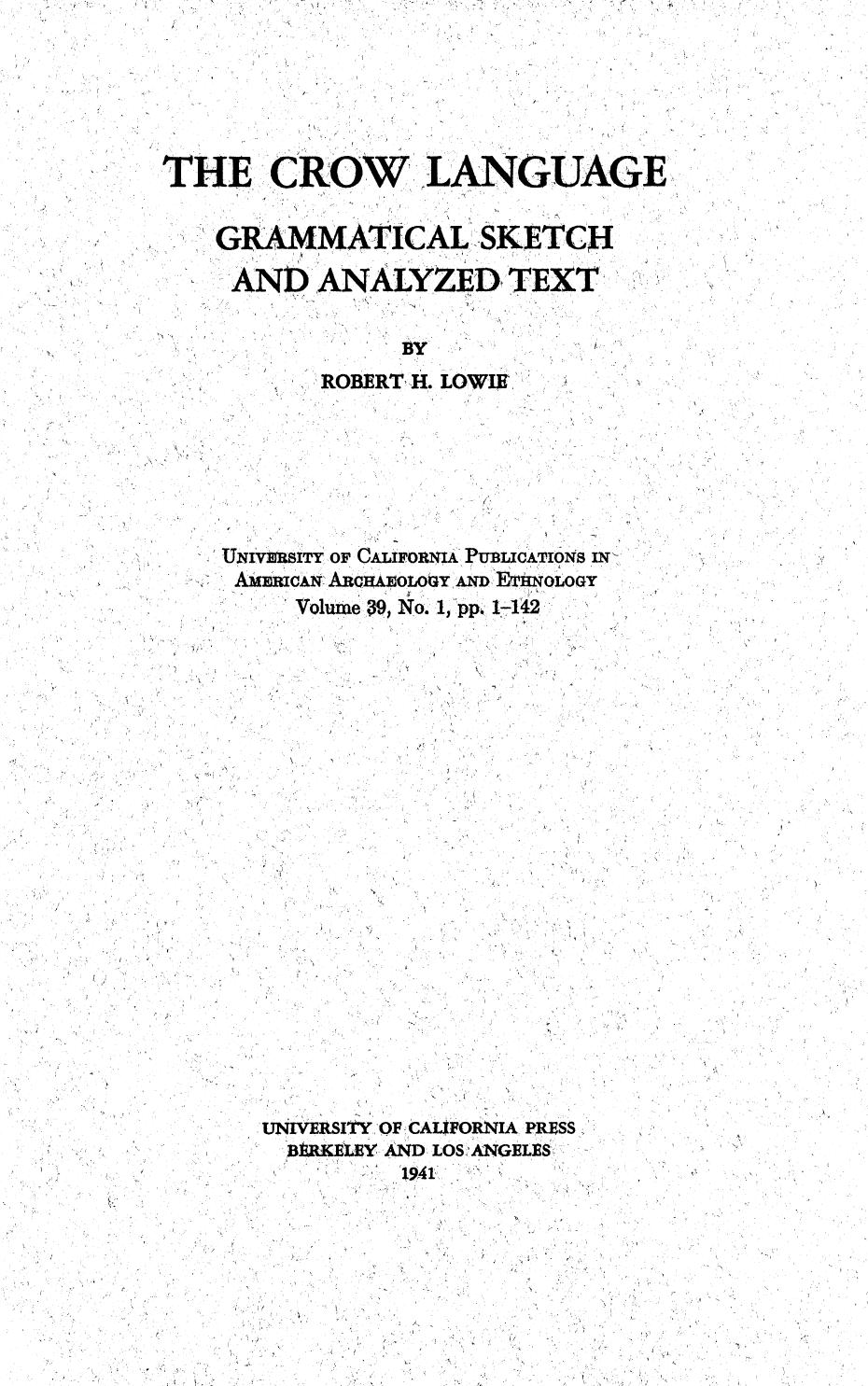 Crow Language by Grammatical Sketch & Analyzed Text (Lowie)
