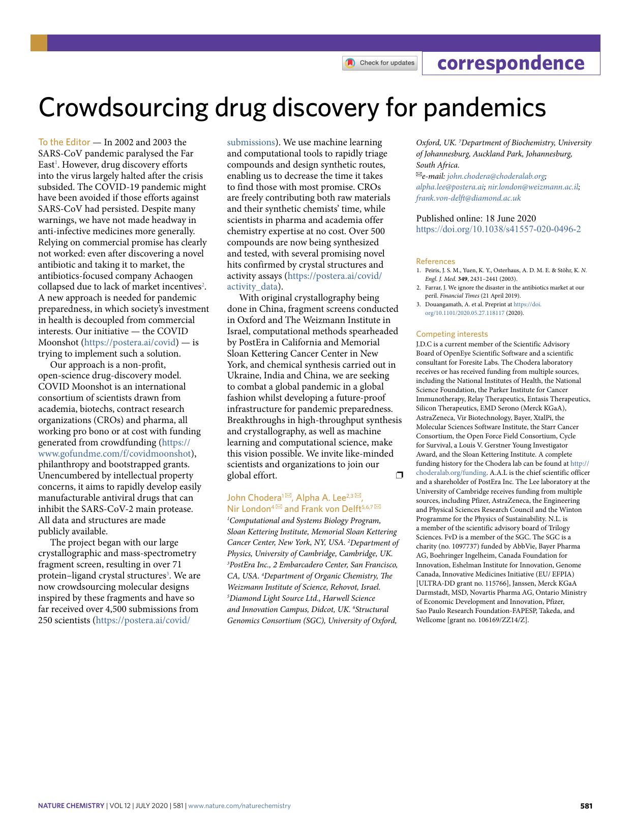 Crowdsourcing drug discovery for pandemics by John Chodera & Alpha A. Lee & Nir London & Frank Delft