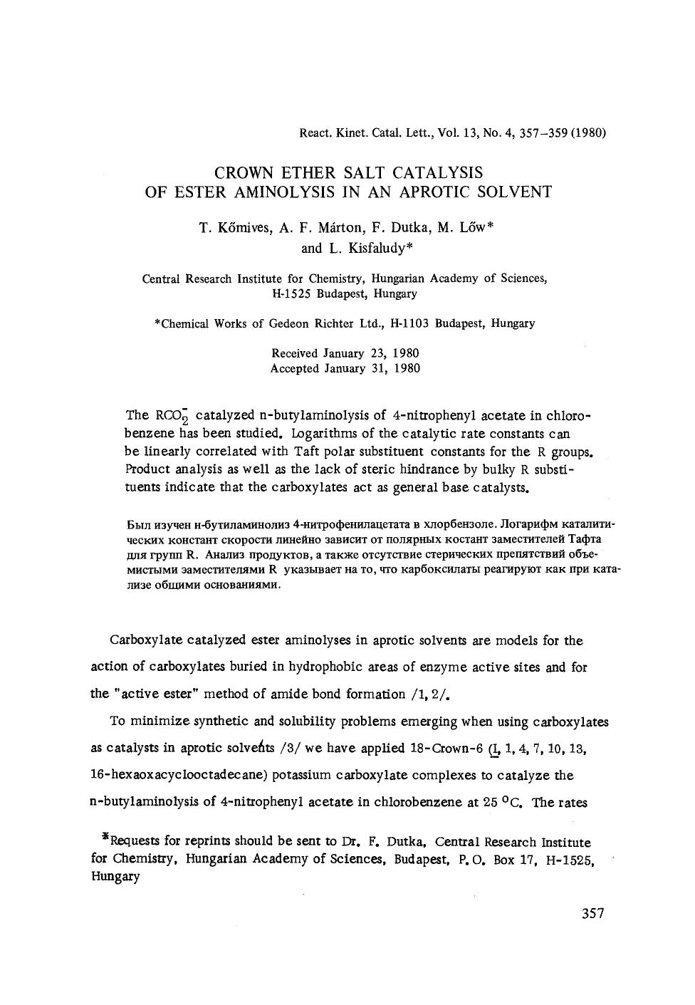 Crown ether salt catalysis of ester aminolysis in an aprotic solvent by Unknown