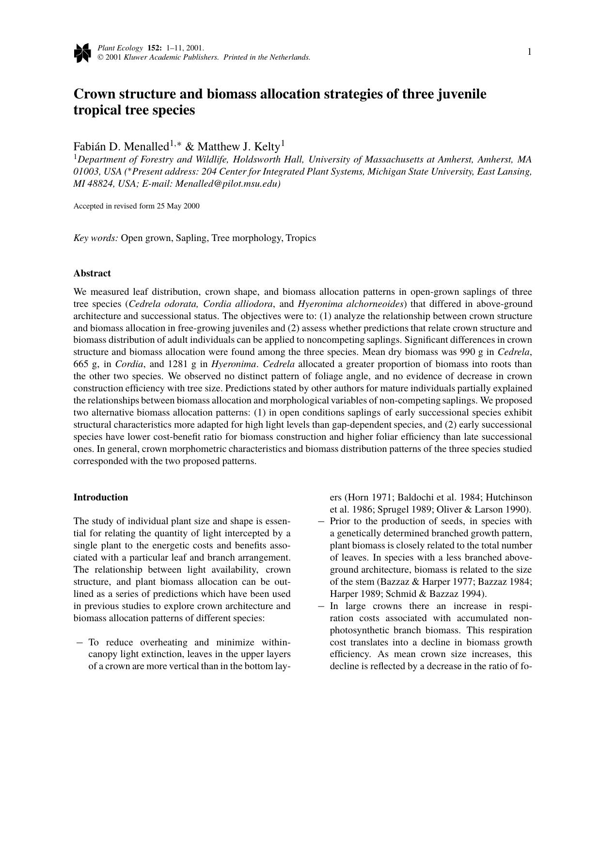 Crown structure and biomass allocation strategies of three juvenile tropical tree species by Unknown