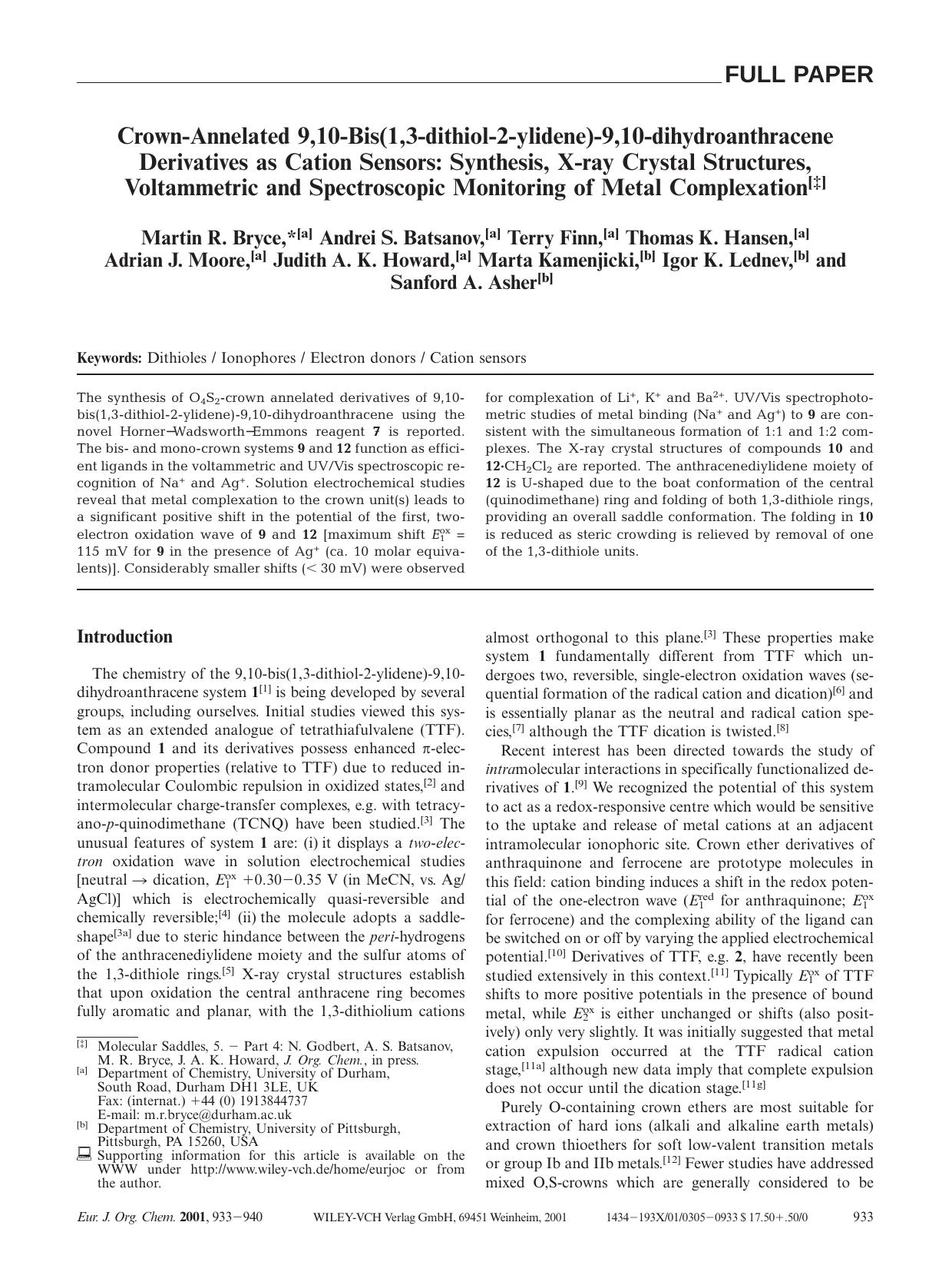 Crown-Annelated 9,10-Bis(1,3-dithiol-2-ylidene)-9,10-dihydroanthracene Derivatives as Cation Sensors: Synthesis, X-ray Crystal Structures, Voltammetric and Spectroscopic Monitoring by Unknown