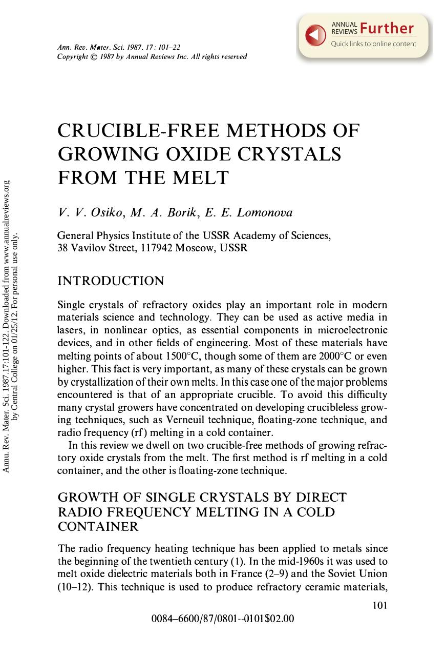 Crucible-Free Methods of Growing Oxide Crystals from the Melt by V V Osiko M A Borik & E E Lomonova