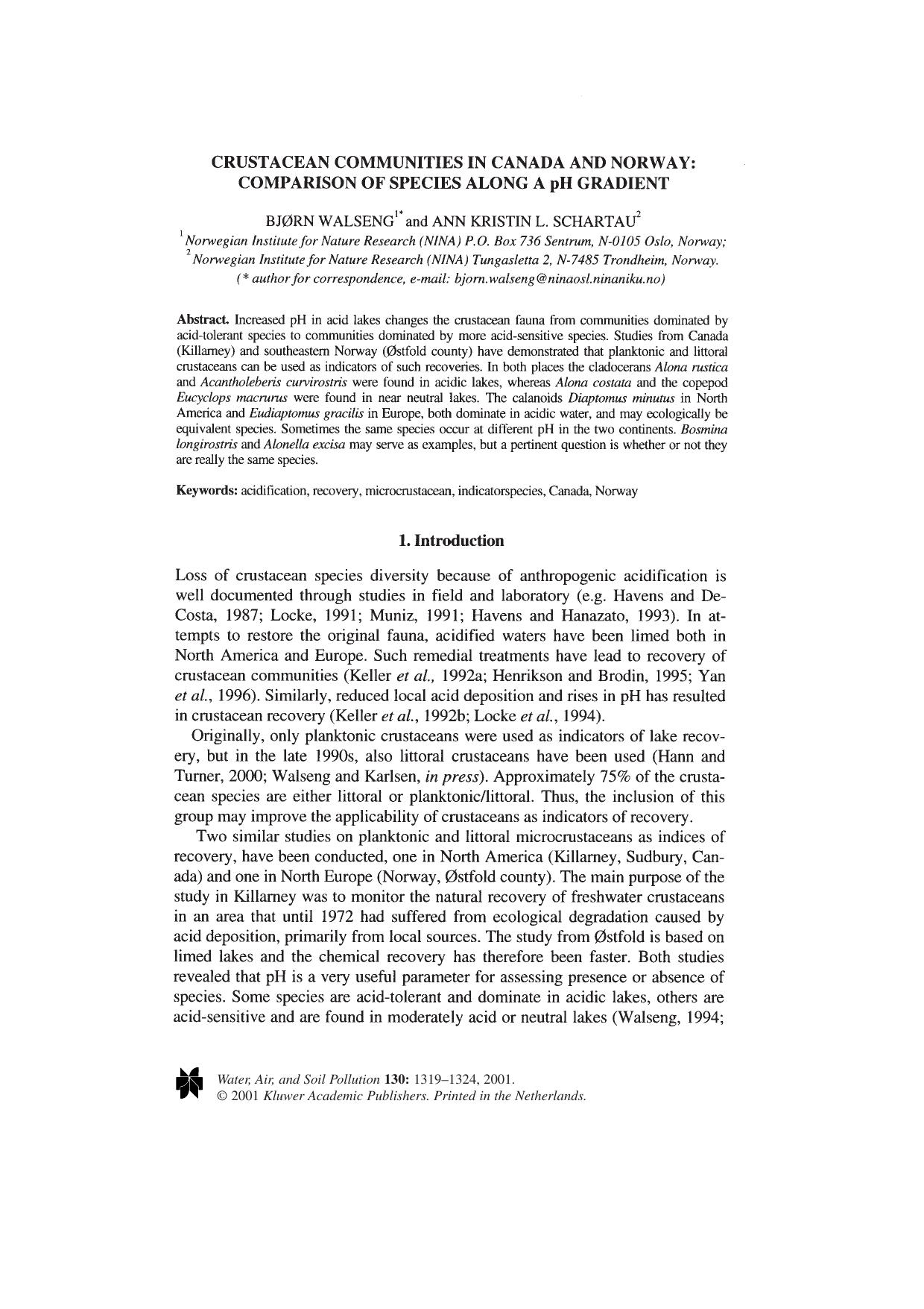 Crustacean Communities in Canada and Norway: Comparison of Species along A pH Gradient by Unknown