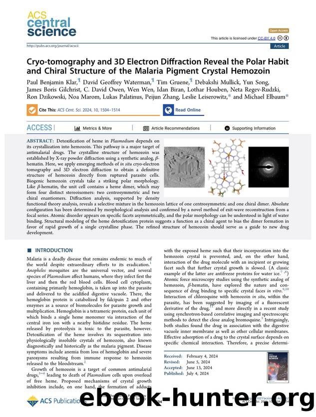 Cryo-tomography and 3D Electron Diffraction Reveal the Polar Habit and Chiral Structure of the Malaria Pigment Crystal Hemozoin by unknow