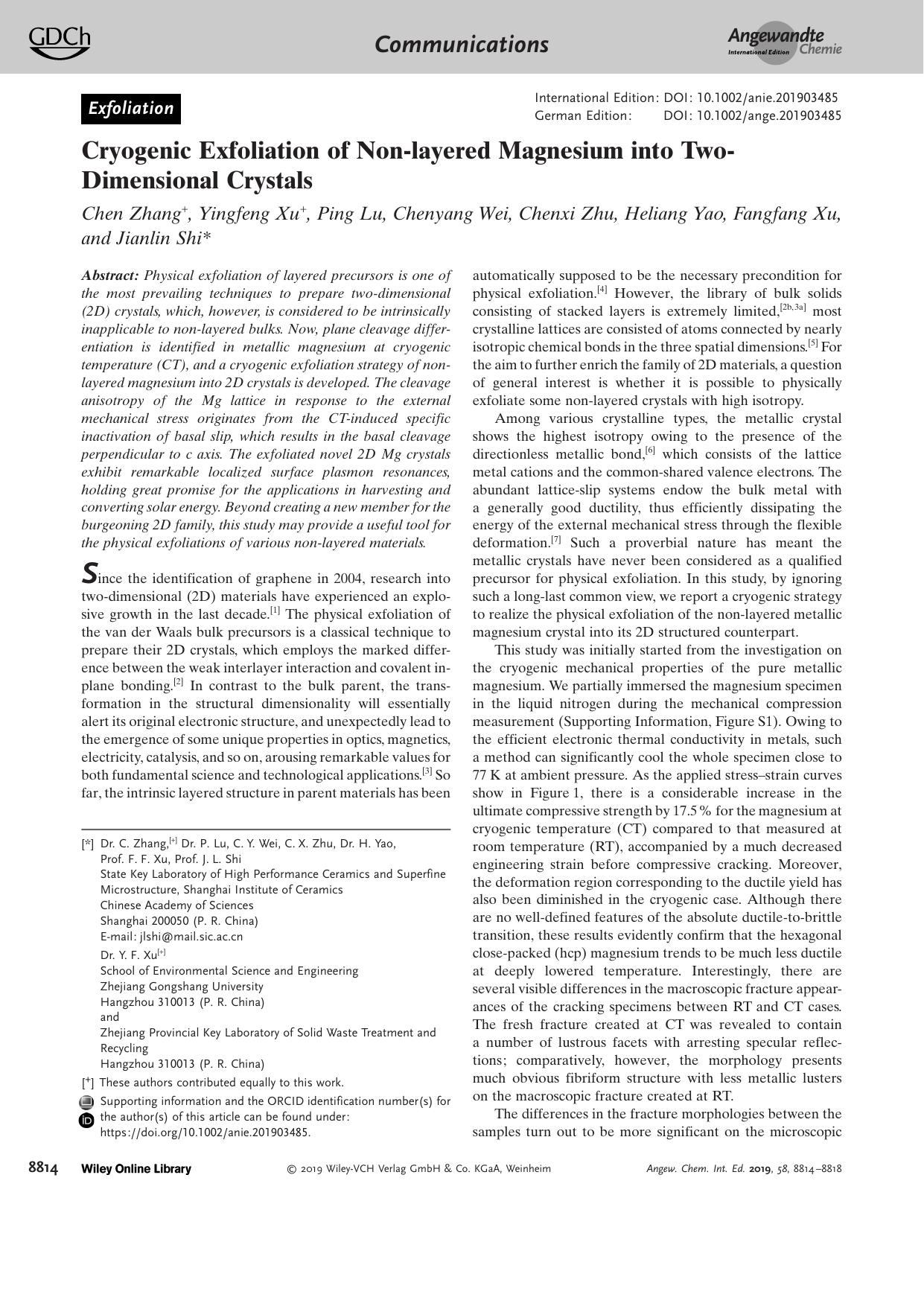 Cryogenic Exfoliation of Nonâlayered Magnesium into TwoâDimensional Crystals by Unknown