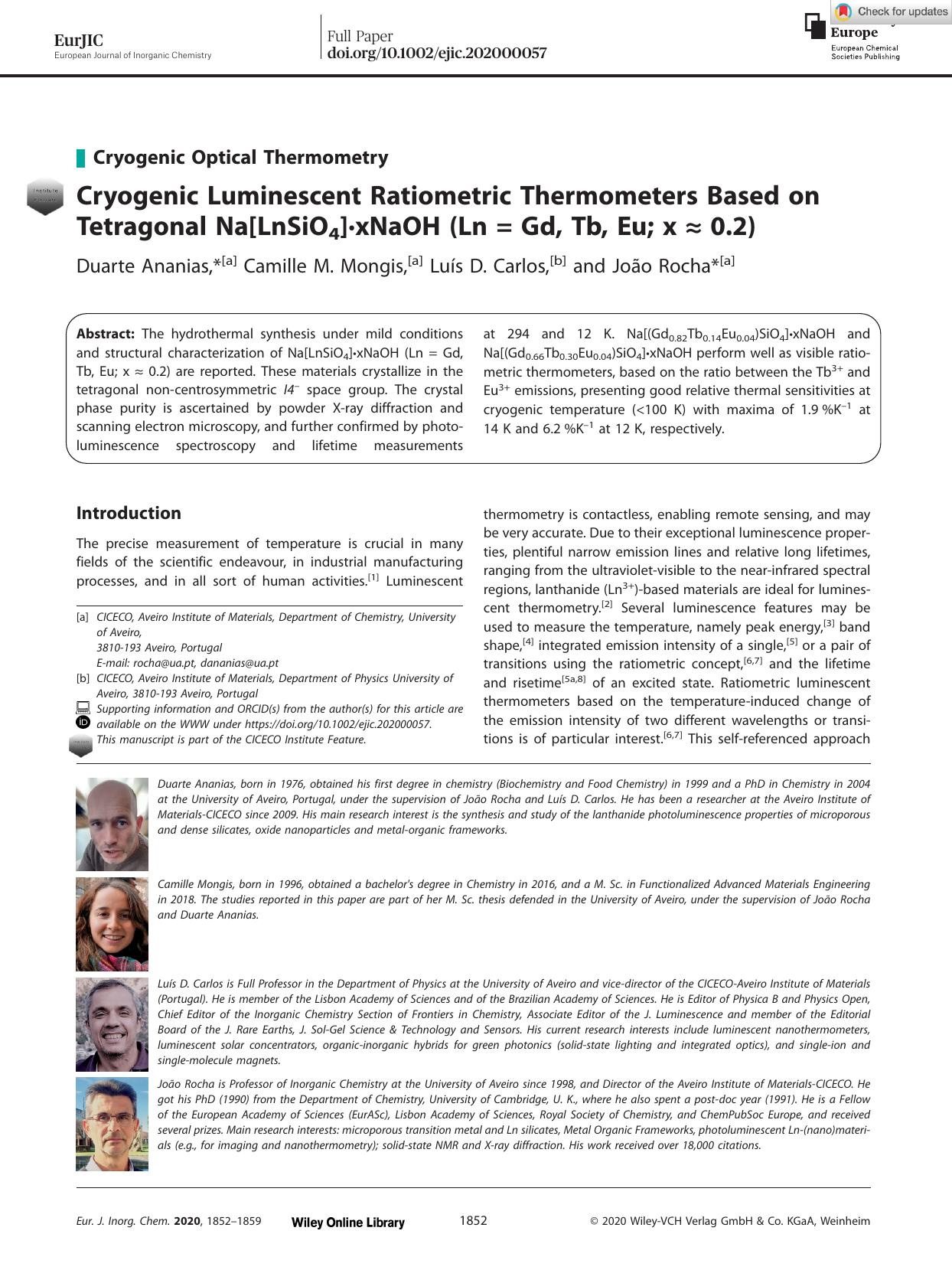 Cryogenic Luminescent Ratiometric Thermometers Based on Tetragonal Na[LnSiO4]Â·xNaOH (Ln = Gd, Tb, Eu; x â 0.2) by Unknown