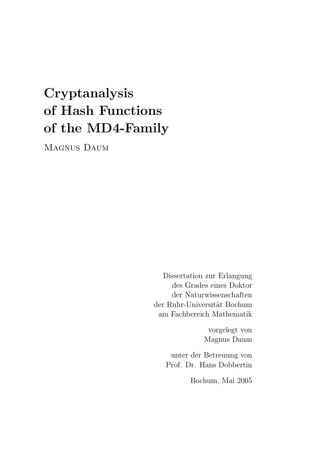 Cryptanalysis of Hash functions of the MD4-family by Daum Magnus