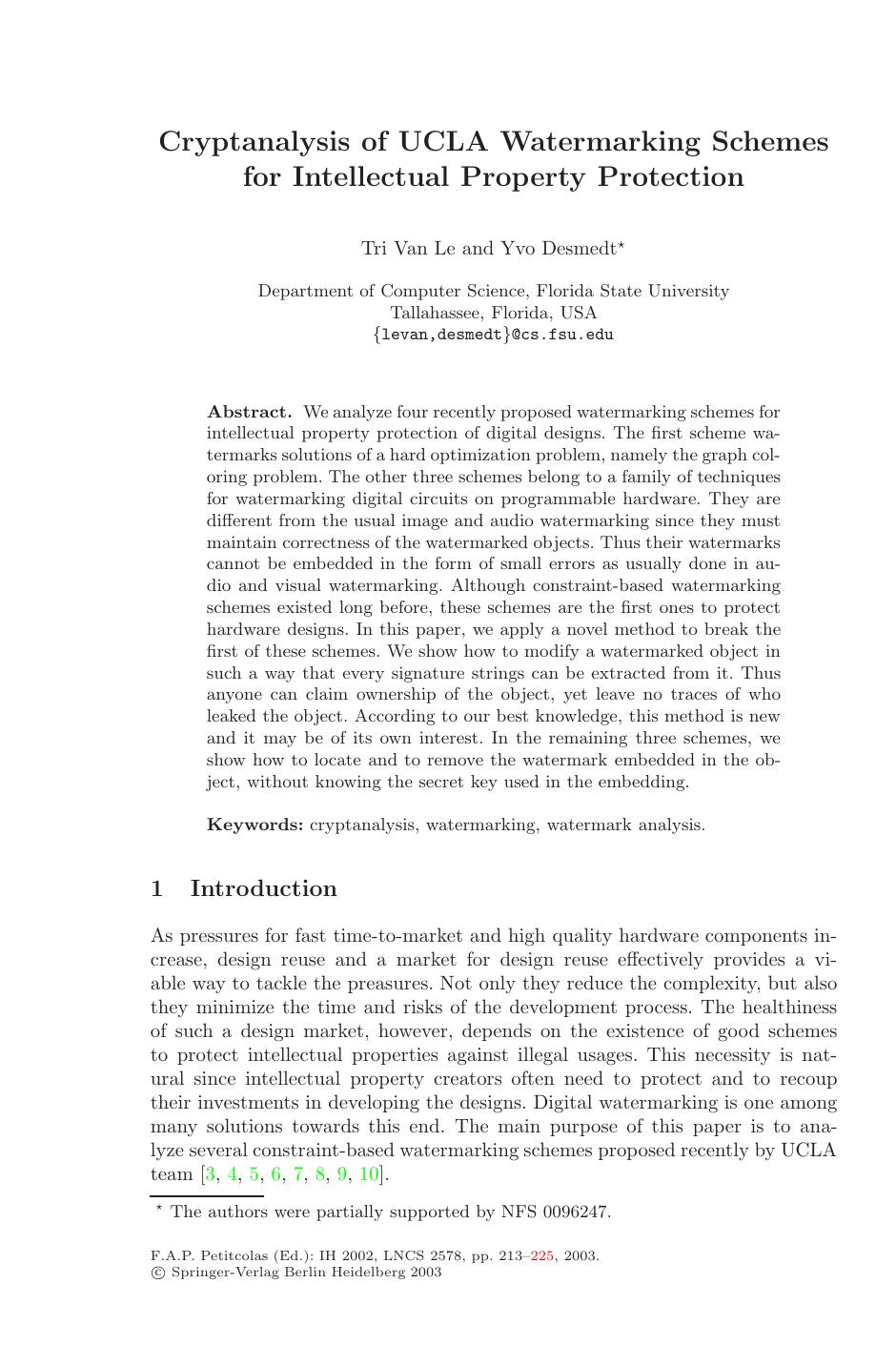 Cryptanalysis of UCLA Watermarking Schemes for Intellectual Property Protection by Le Desmedt