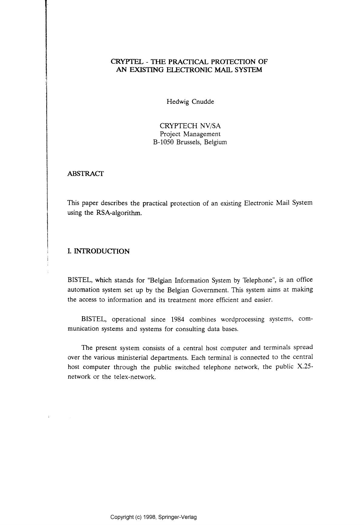 Cryptel---the practical protection of an existing electronic mail system by Cnudde H