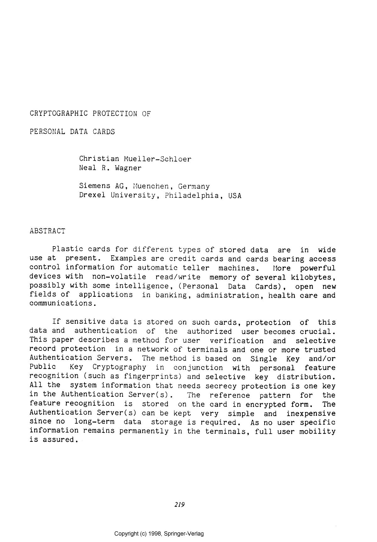 Cryptographic protection of personal data cards by Mueller-Schloer C. & Wagner N. R