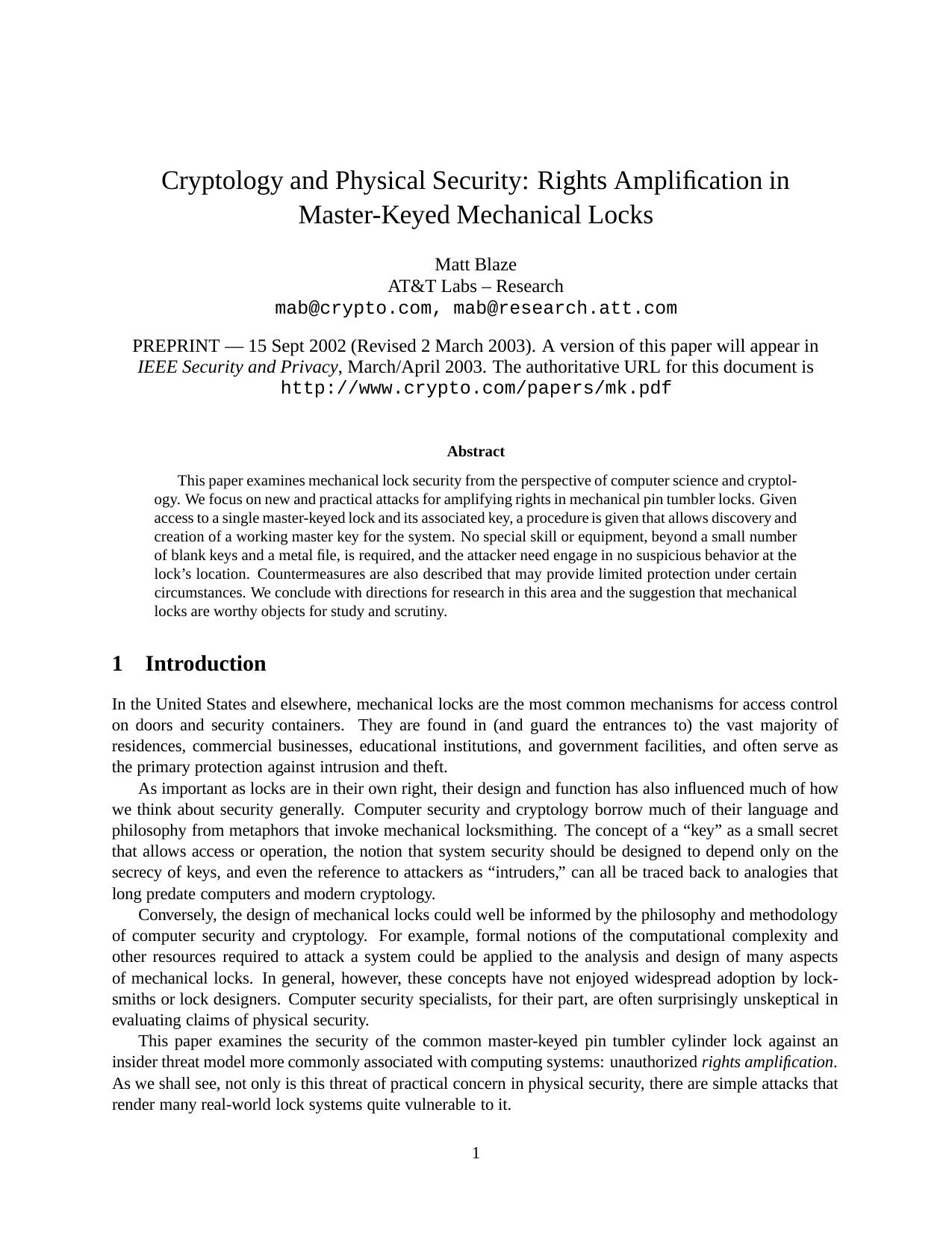Cryptology & Physical Security (Right Amplification in Master Keyed Mechanical Locks By Matt Blaze by Unknown