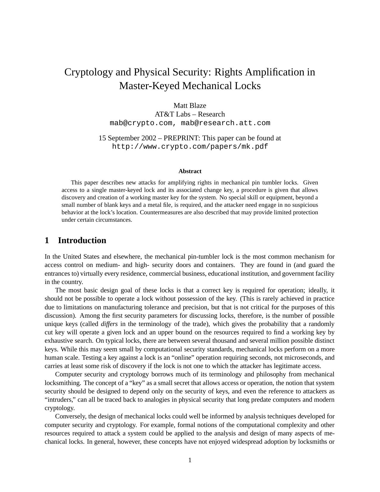 Cryptology and Physical Security - Rights Amplification in Master-Keyed Mechanical Locks by Matt Blaze
