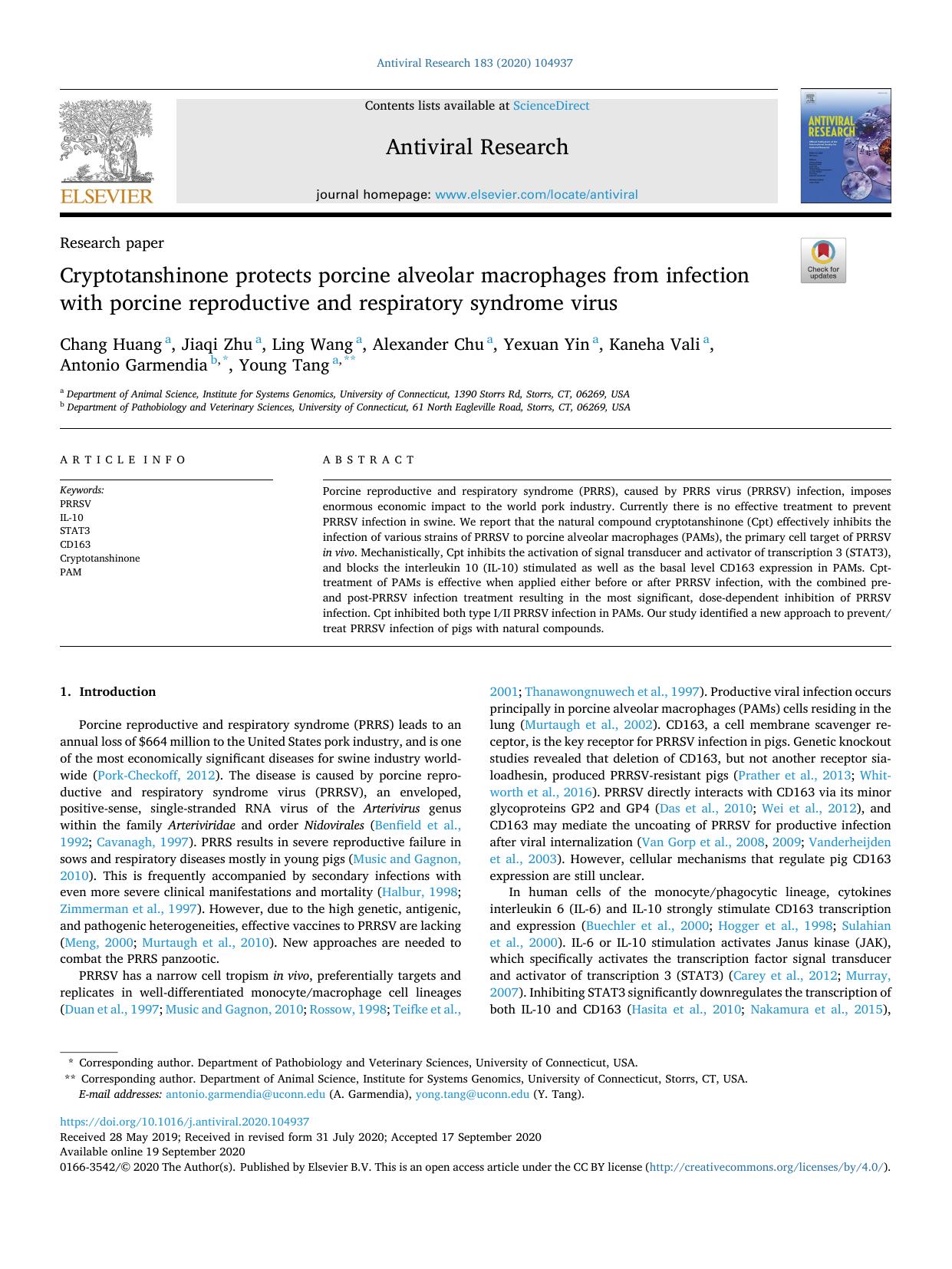 Cryptotanshinone protects porcine alveolar macrophages from infection with porcine reproductive and respiratory syndrome virus by Chang Huang